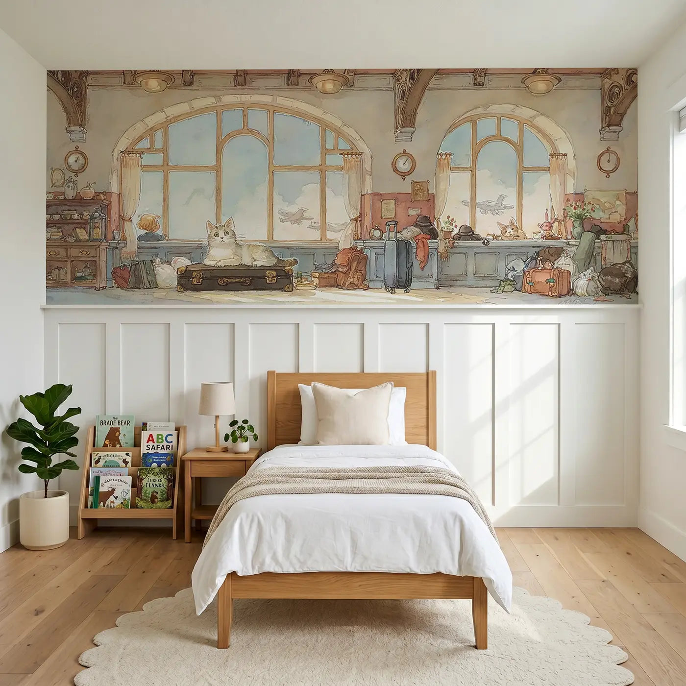 Storybook cat airport terminal wait wainscoting wallpaper for bedroom by Whimsy Tots.