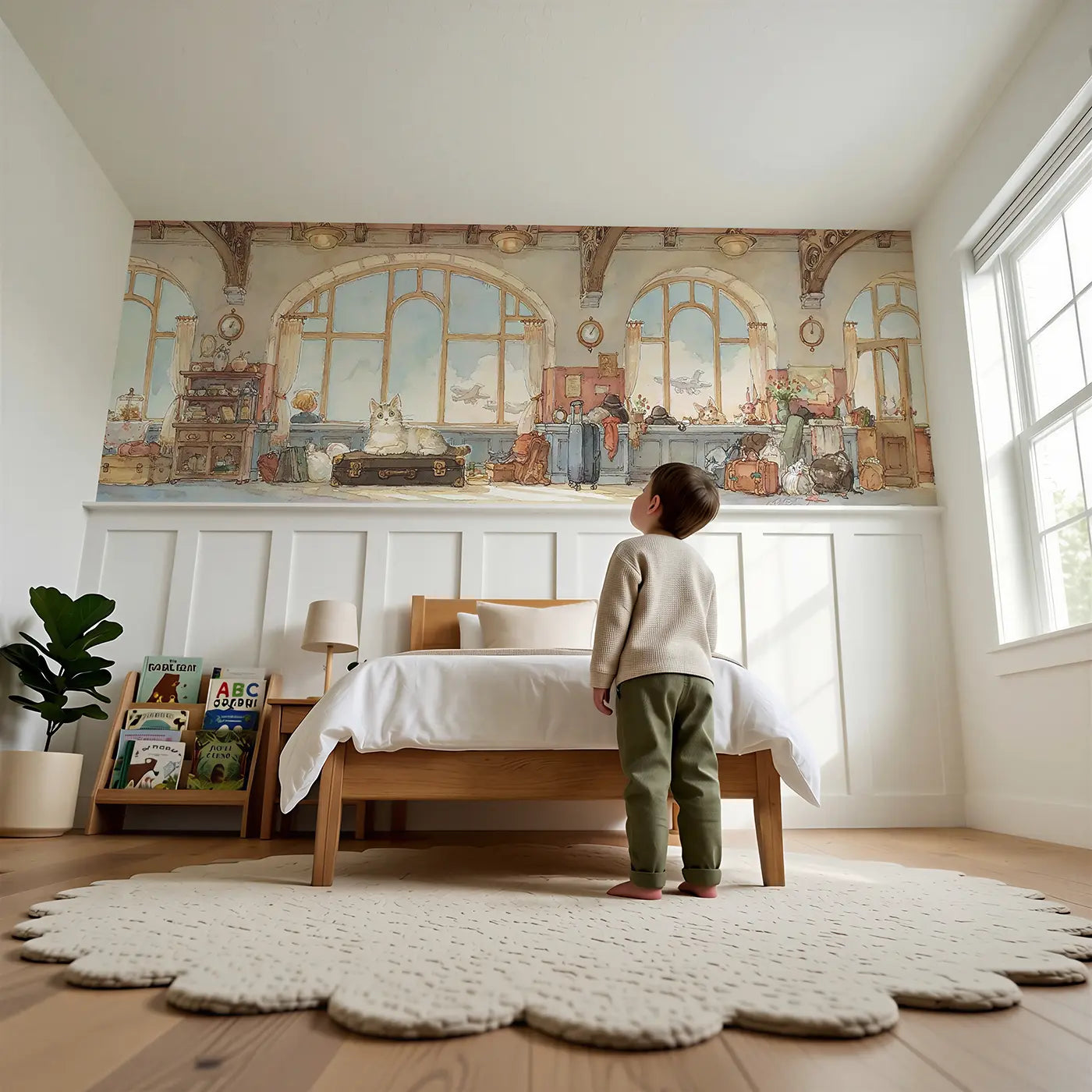 Child reading near Cat Airport Terminal Wait Wainscoting Wallpaper by Whimsy Tots