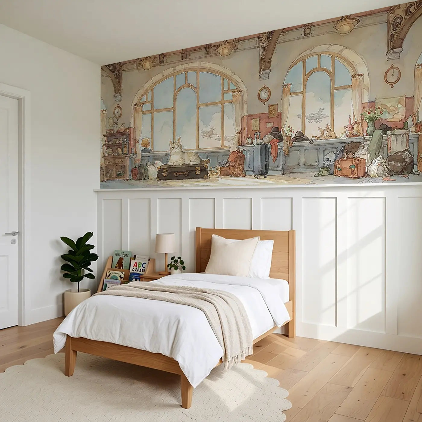 Cat Airport Terminal Wait Wainscoting Wallpaper styled in a kids bedroom by Whimsy Tots