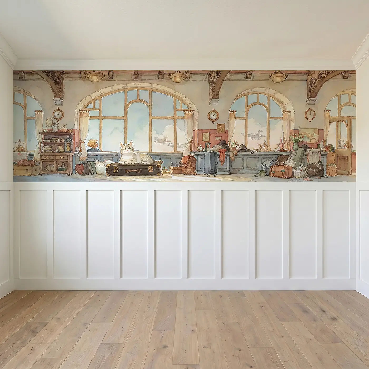 Full panel view of Cat Airport Terminal Wait Wainscoting Wallpaper by Whimsy Tots