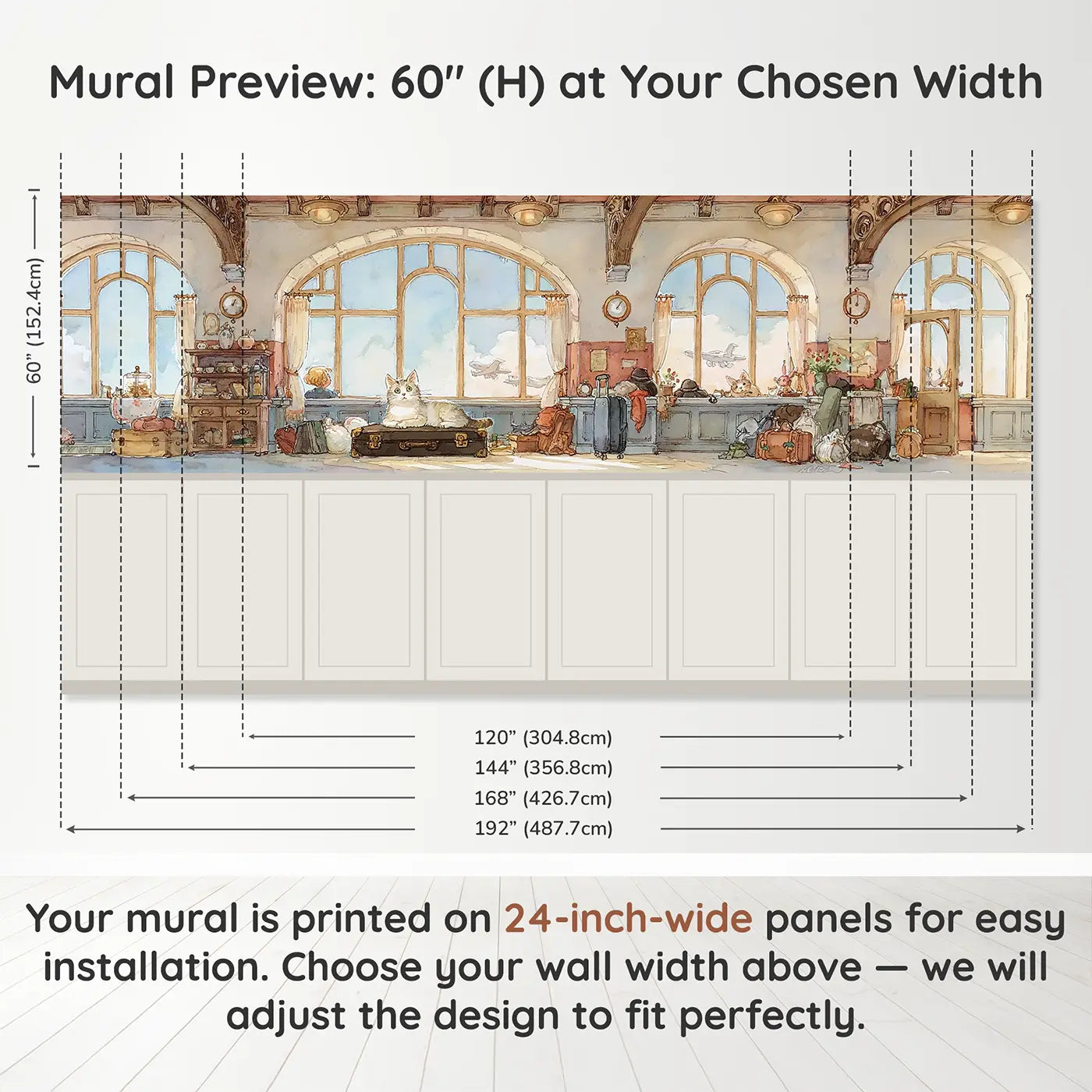 Panel dimensions for Cat Airport Terminal Wait Wainscoting Wallpaper by Whimsy Tots