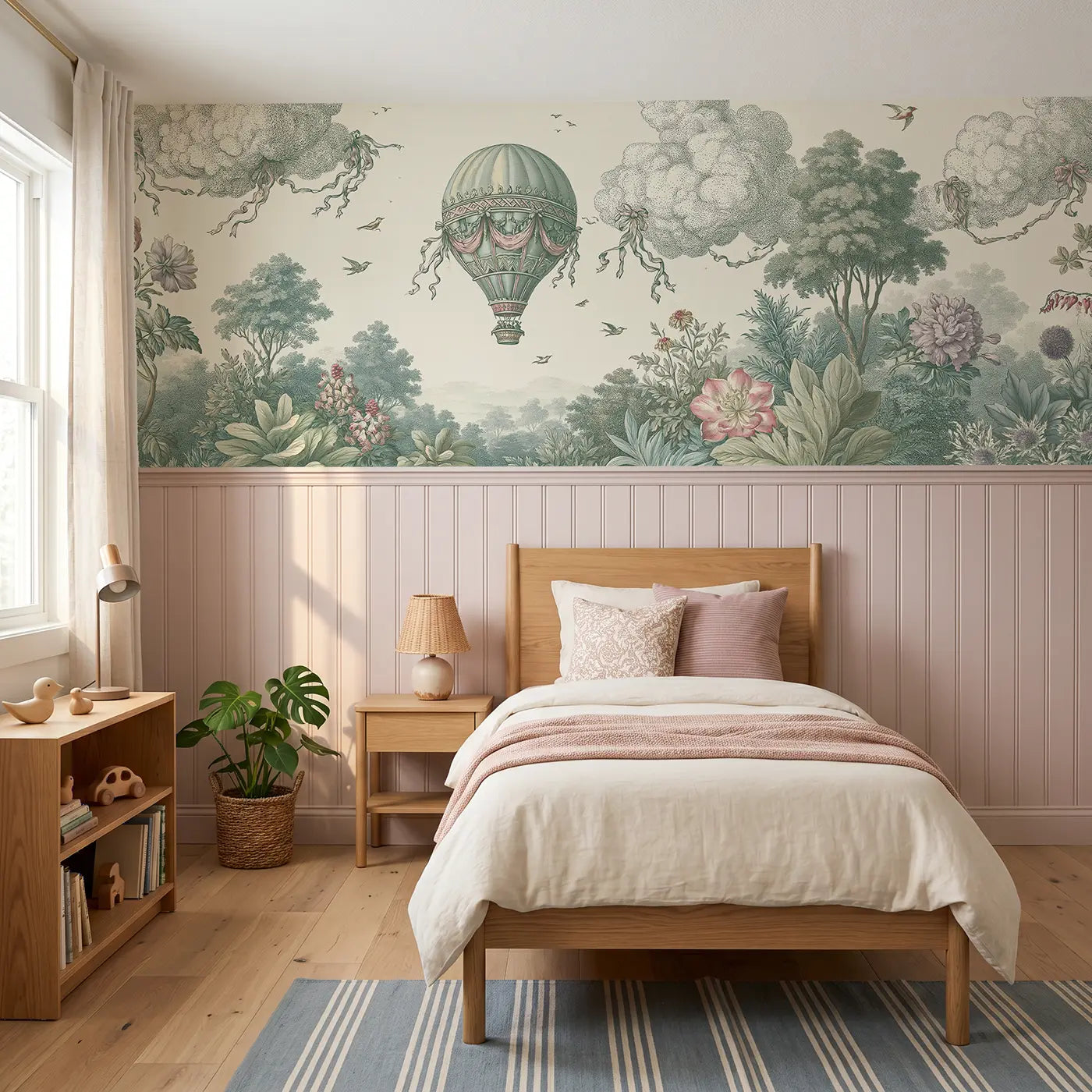 Botanical Elegance hot air balloon garden toile wainscoting wallpaper for bedroom by Whimsy Tots.