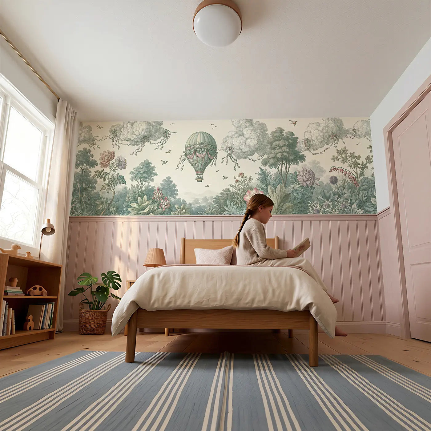 Child reading near Hot Air Balloon Garden Toile Wainscoting Wallpaper by Whimsy Tots