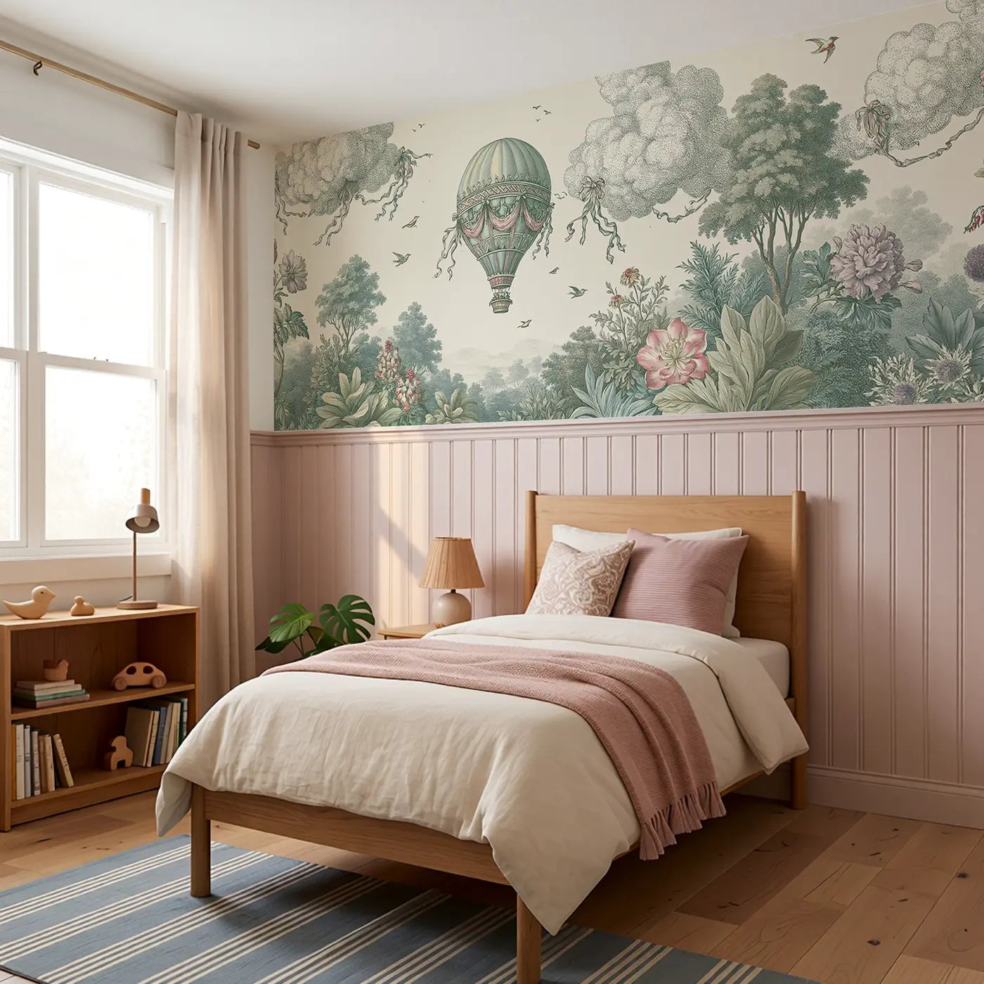 Hot Air Balloon Garden Toile Wainscoting Wallpaper styled in a kids bedroom by Whimsy Tots