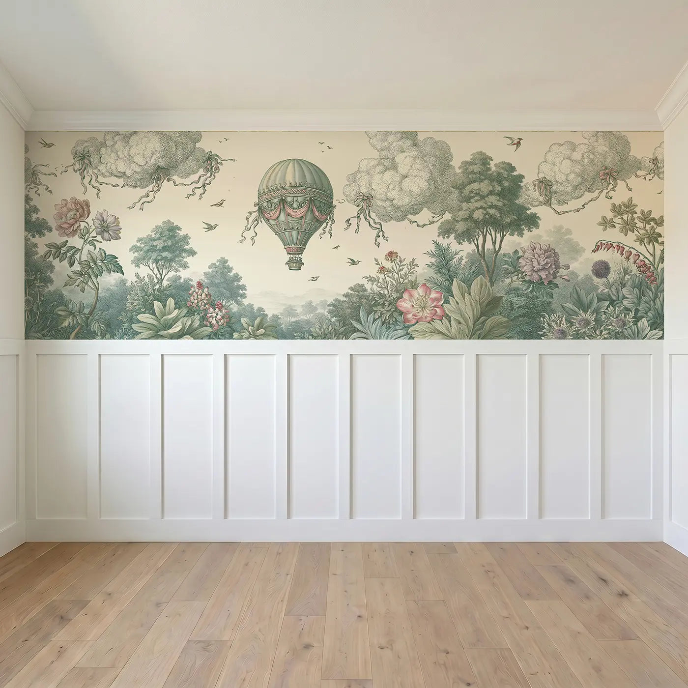 Full panel view of Hot Air Balloon Garden Toile Wainscoting Wallpaper by Whimsy Tots