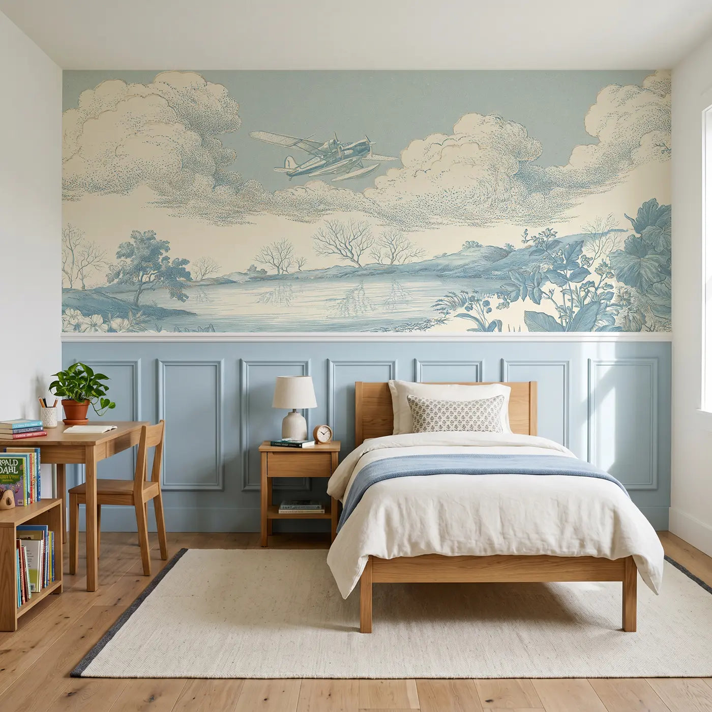 Botanical Elegance seaplane lake stipple scene wainscoting wallpaper for bedroom by Whimsy Tots.