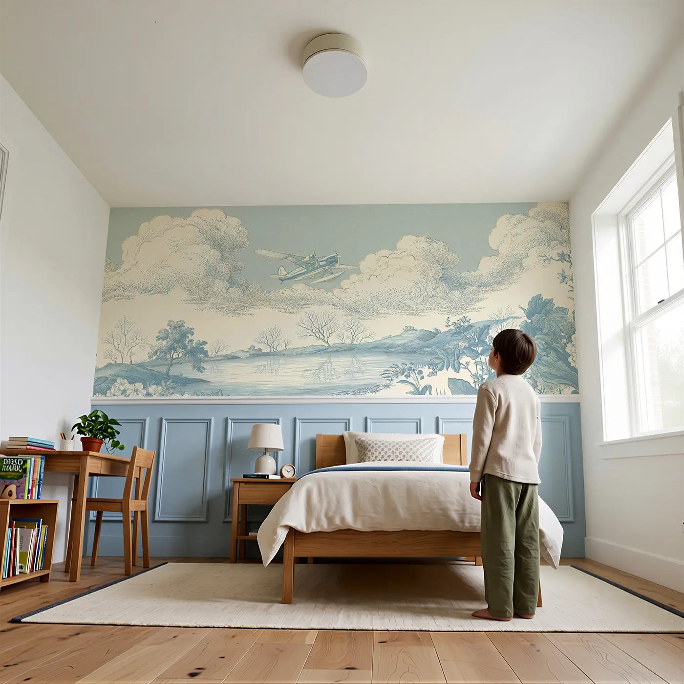 Child reading near Seaplane Lake Stipple Scene Wainscoting Wallpaper by Whimsy Tots