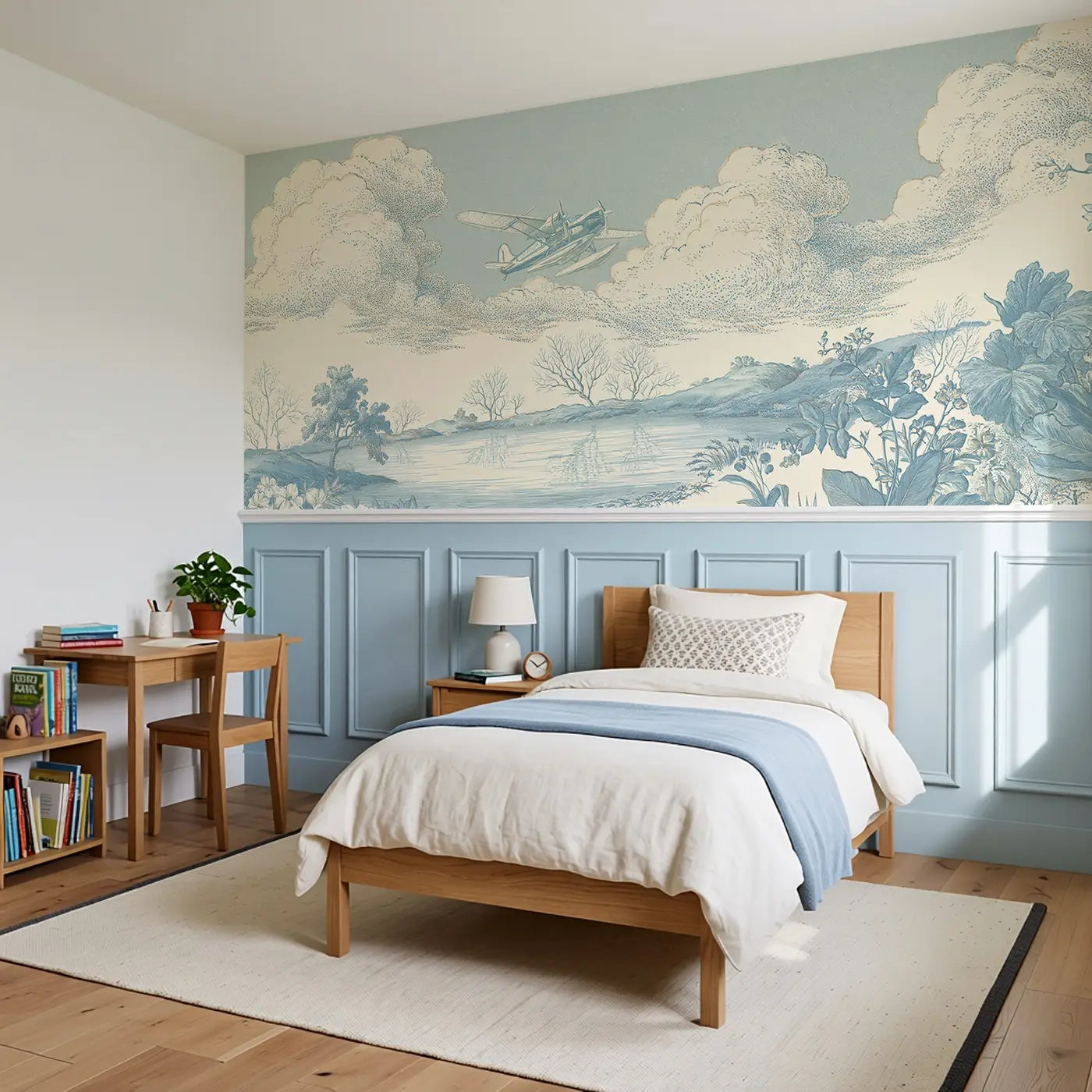 Seaplane Lake Stipple Scene Wainscoting Wallpaper styled in a kids bedroom by Whimsy Tots