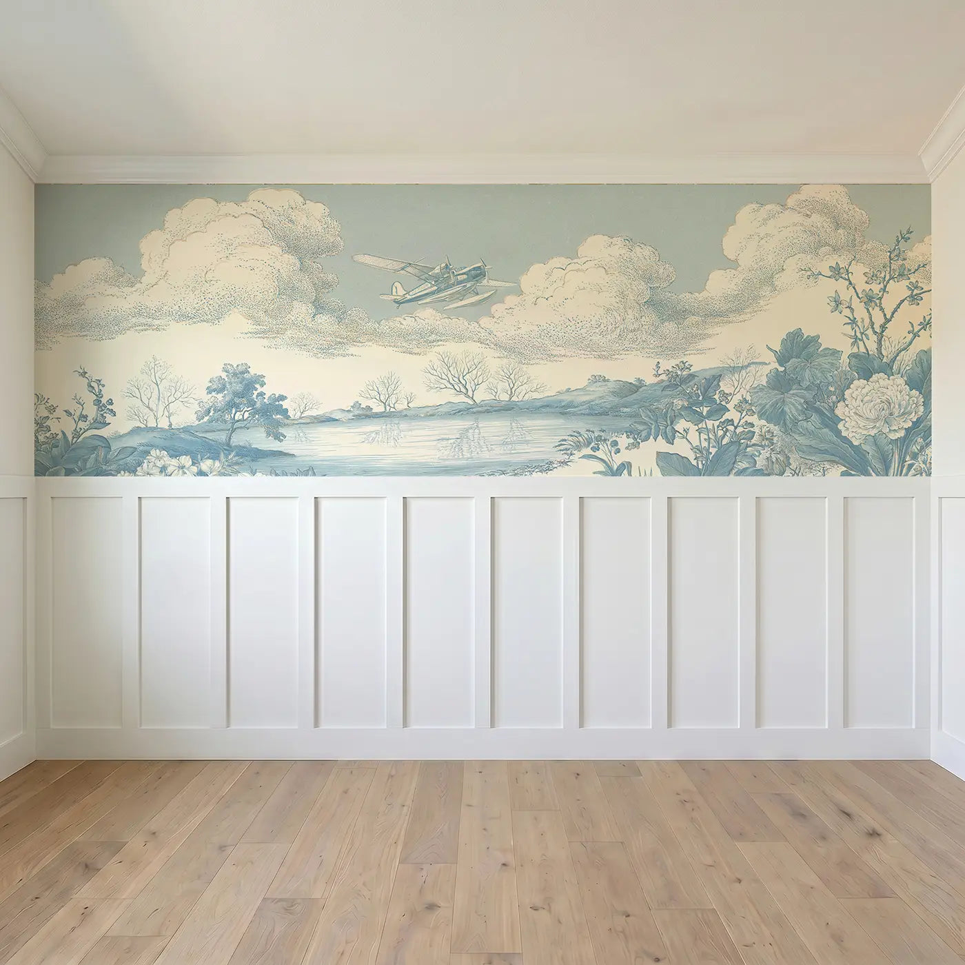 Full panel view of Seaplane Lake Stipple Scene Wainscoting Wallpaper by Whimsy Tots