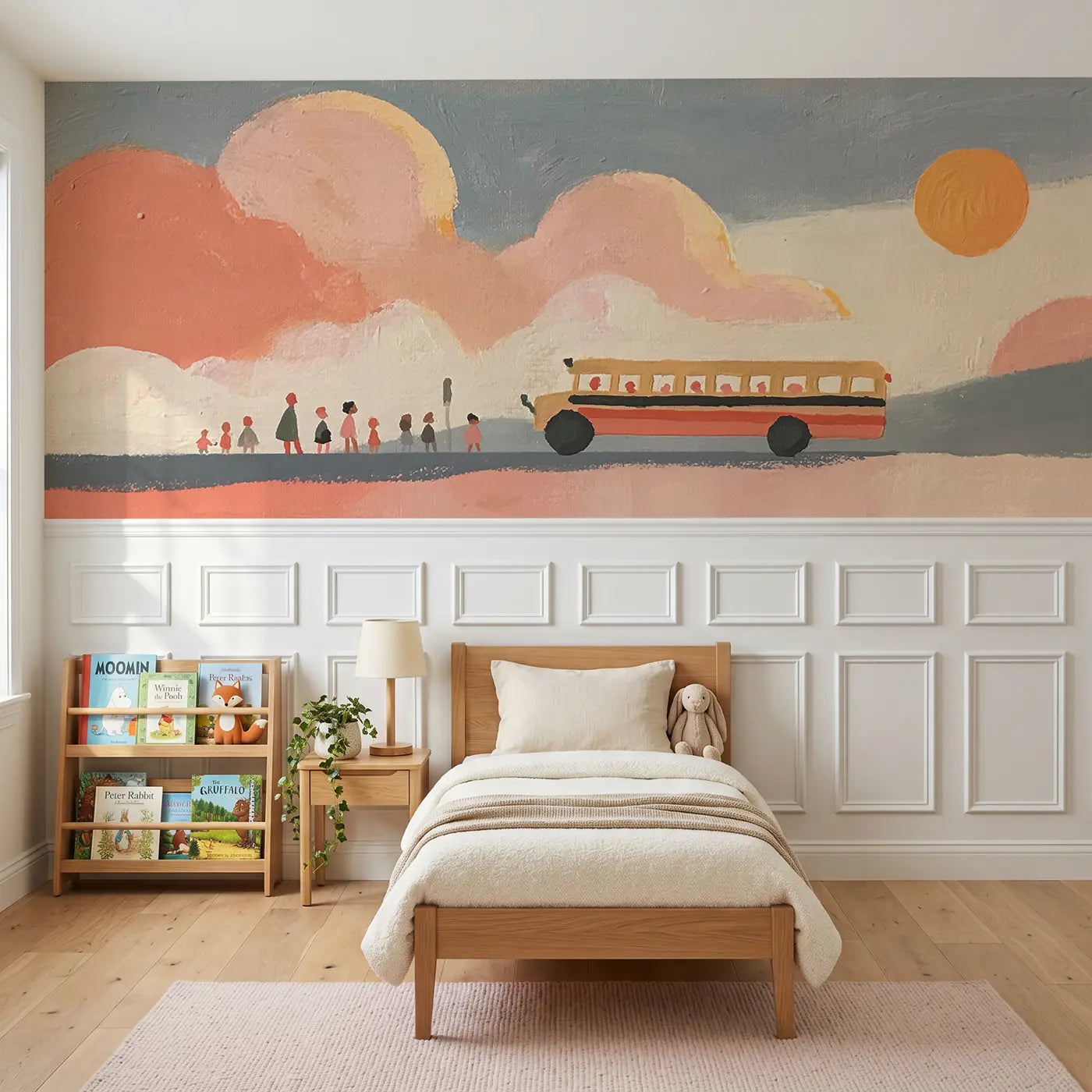 Modern Illustration school bus morning row wainscoting wallpaper for bedroom by Whimsy Tots.