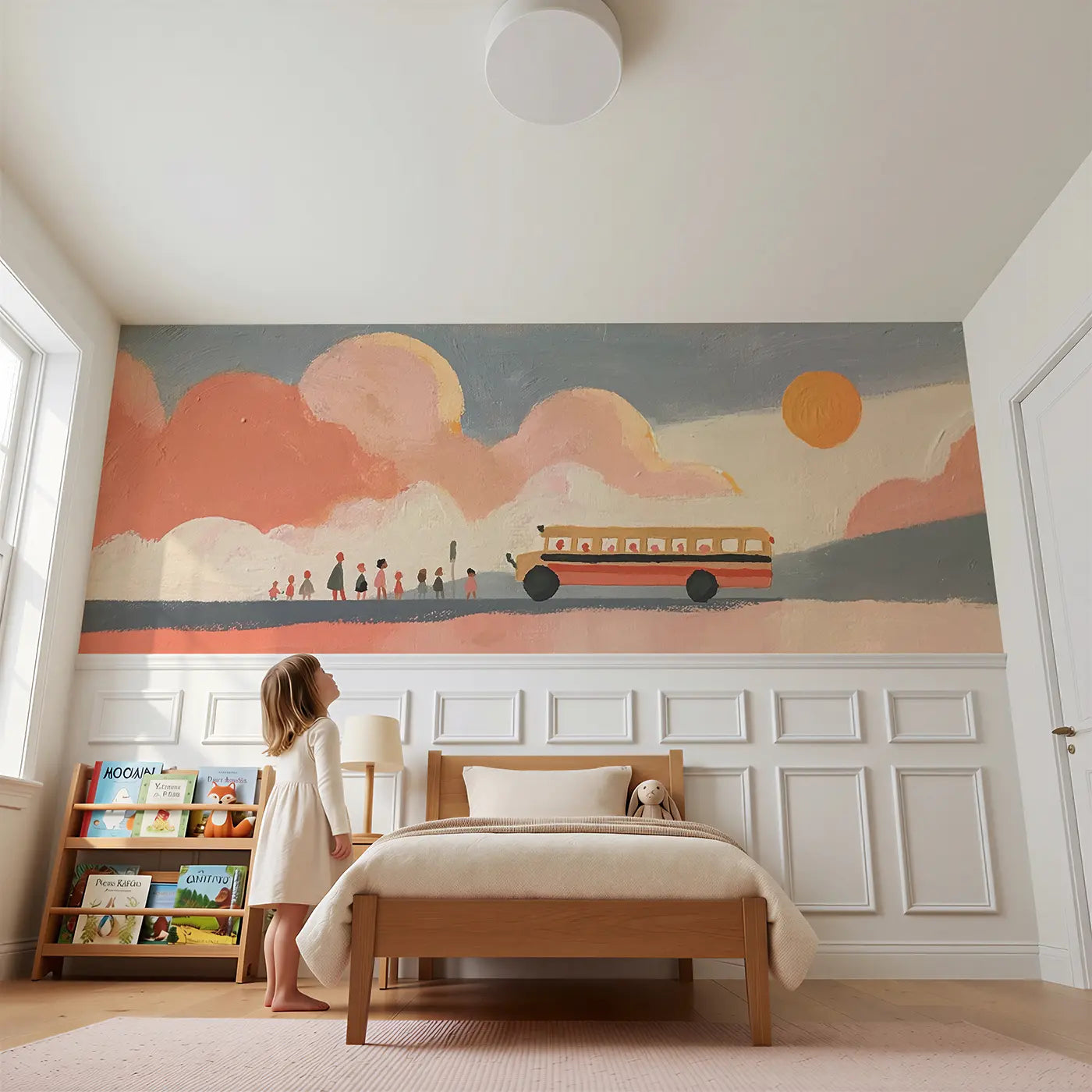 Child reading near Flat School Bus Morning Row Wainscoting Wallpaper by Whimsy Tots