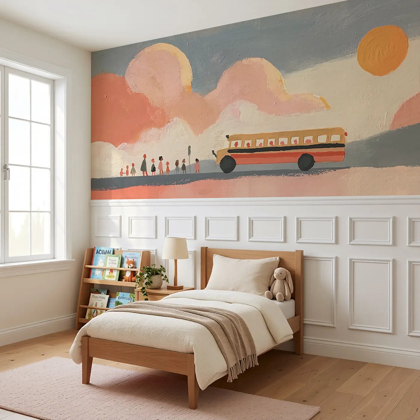 Flat School Bus Morning Row Wainscoting Wallpaper styled in a kids bedroom by Whimsy Tots