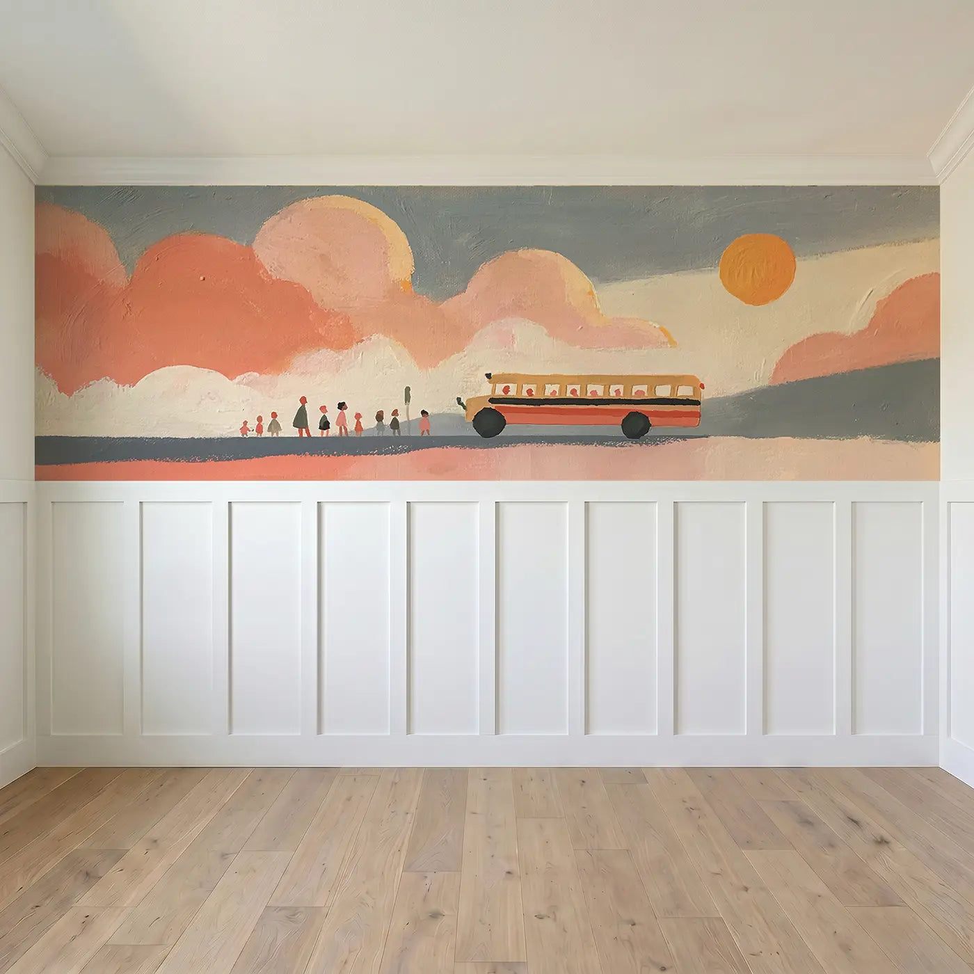Full panel view of Flat School Bus Morning Row Wainscoting Wallpaper by Whimsy Tots