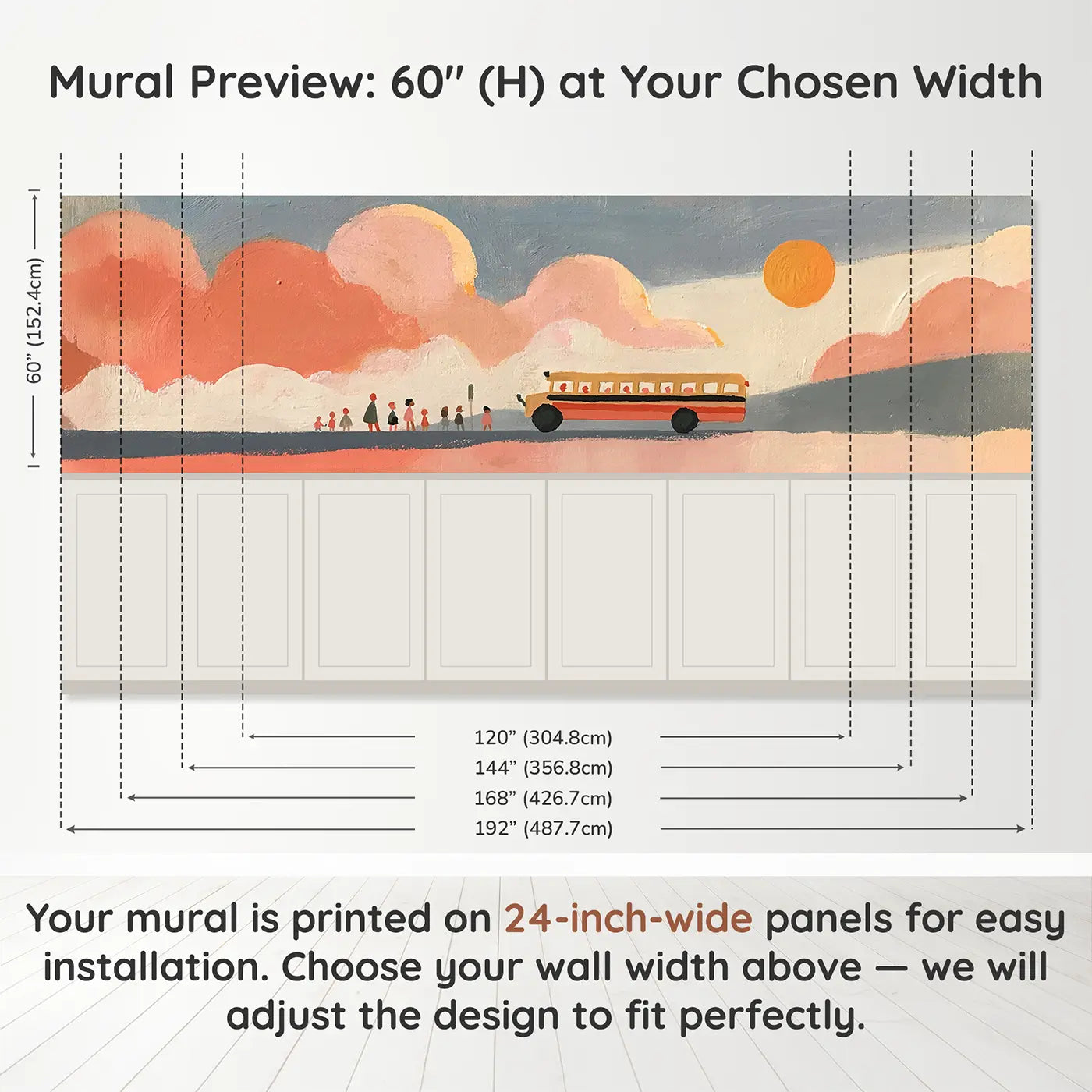Panel dimensions for Flat School Bus Morning Row Wainscoting Wallpaper by Whimsy Tots