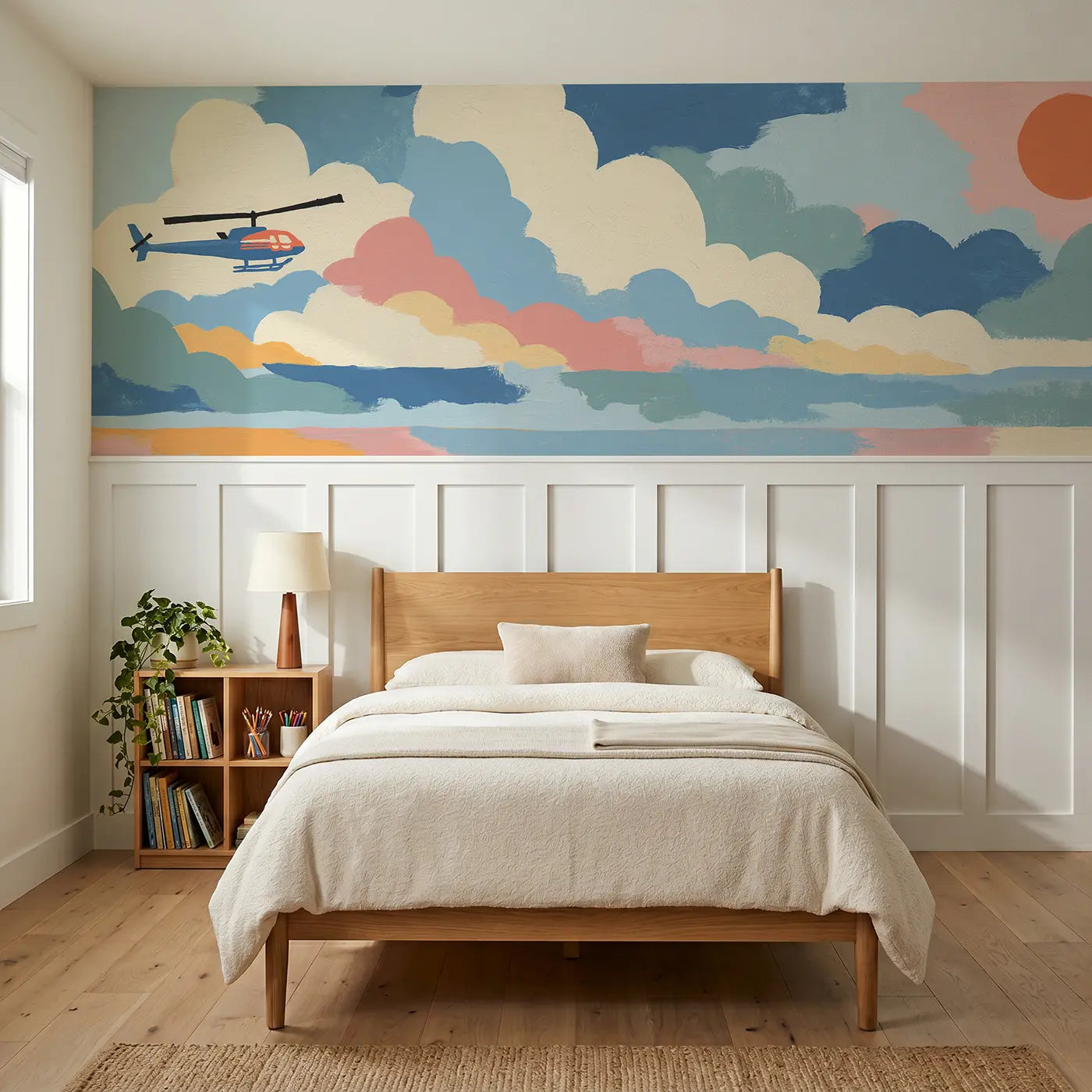 Modern Illustration helicopter sky scout wainscoting wallpaper for bedroom by Whimsy Tots.