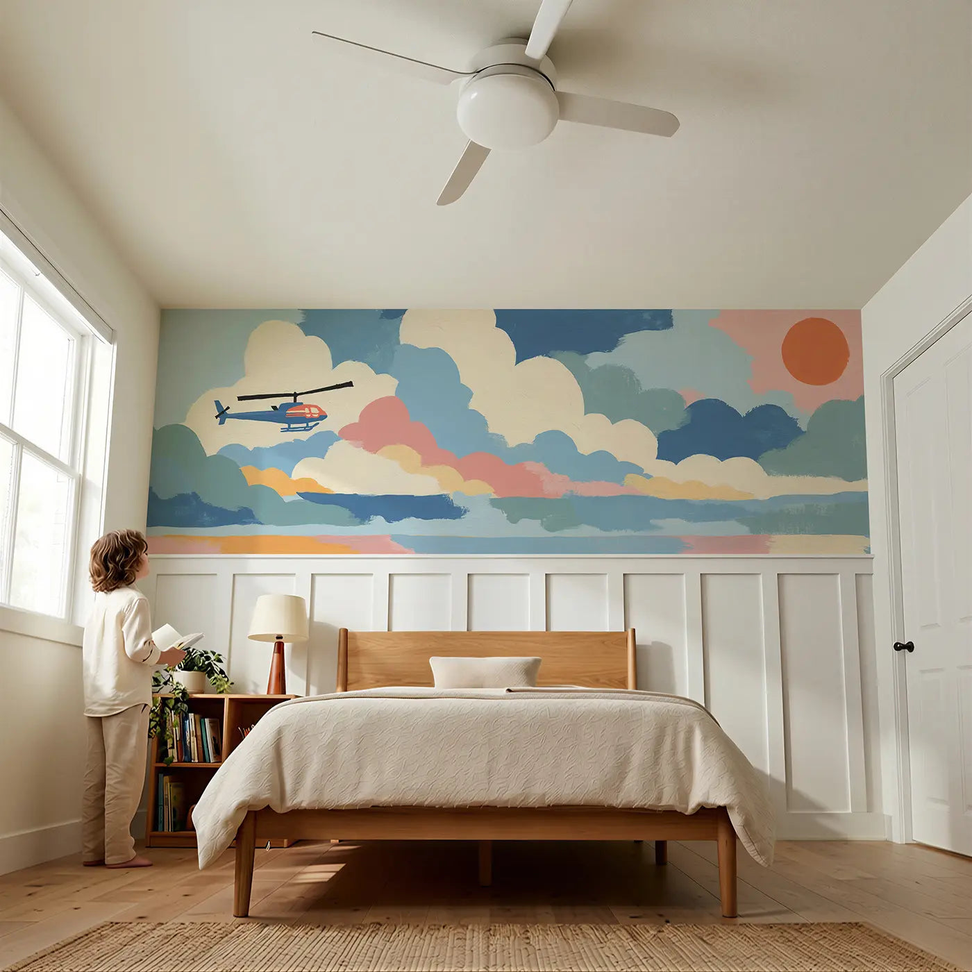 Child reading near Graphic Helicopter Sky Scout Wainscoting Wallpaper by Whimsy Tots