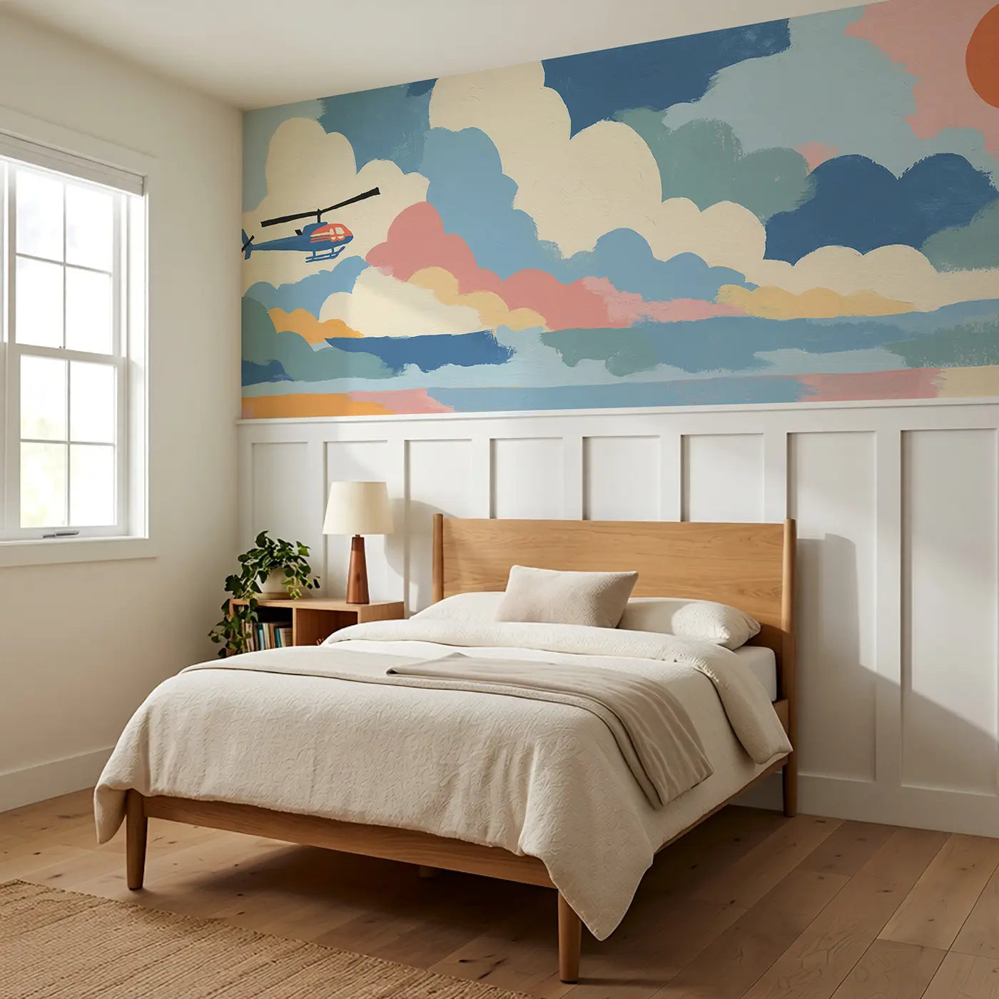 Graphic Helicopter Sky Scout Wainscoting Wallpaper styled in a kids bedroom by Whimsy Tots