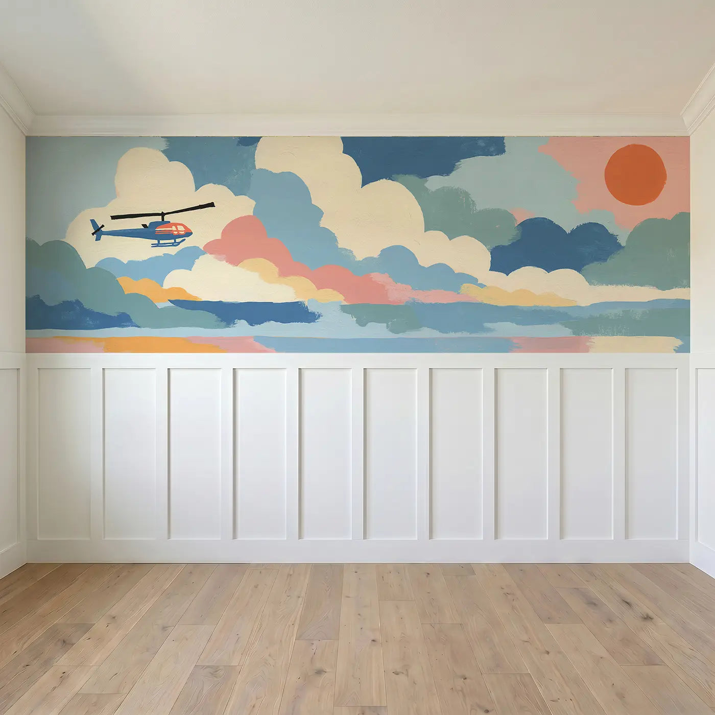 Full panel view of Graphic Helicopter Sky Scout Wainscoting Wallpaper by Whimsy Tots