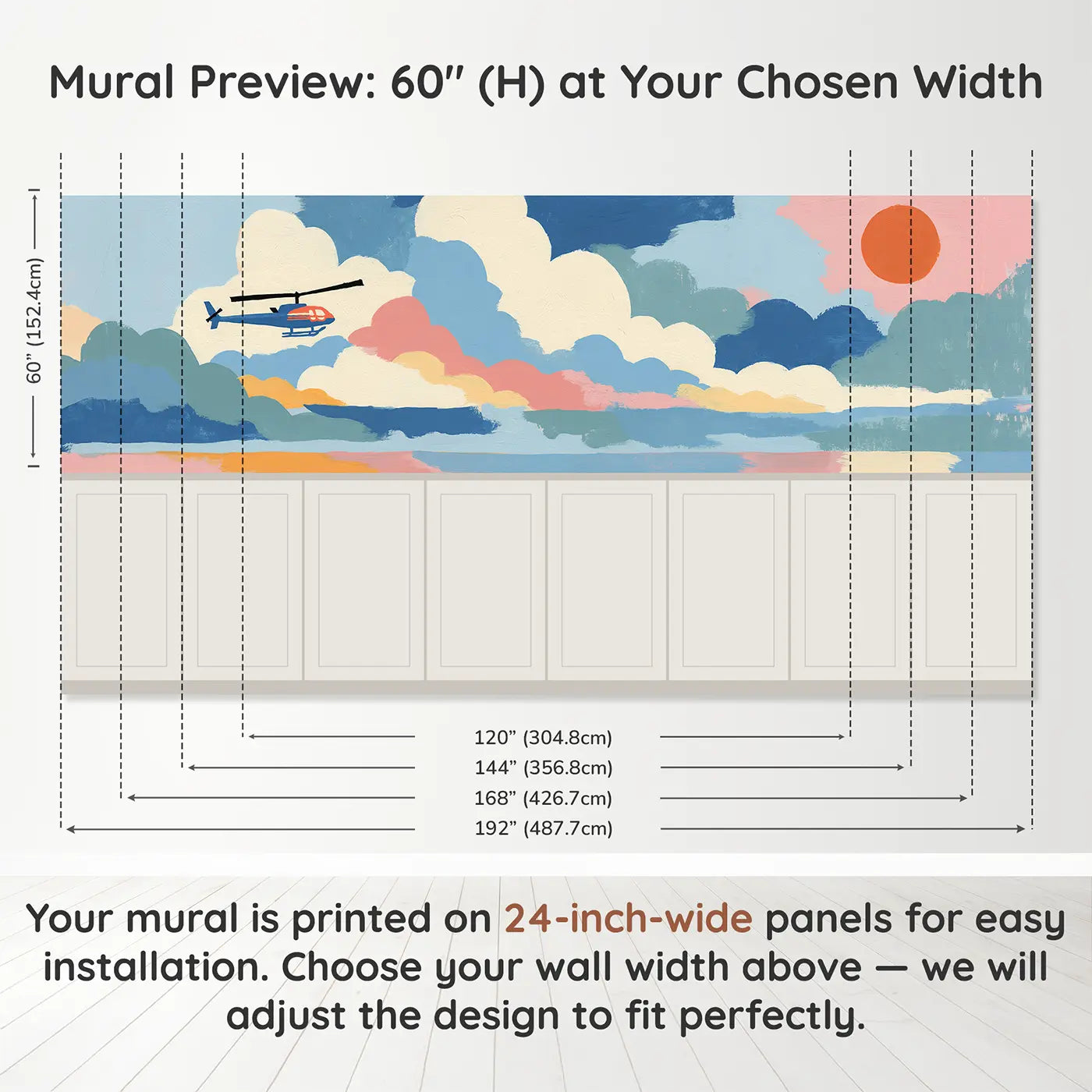 Panel dimensions for Graphic Helicopter Sky Scout Wainscoting Wallpaper by Whimsy Tots