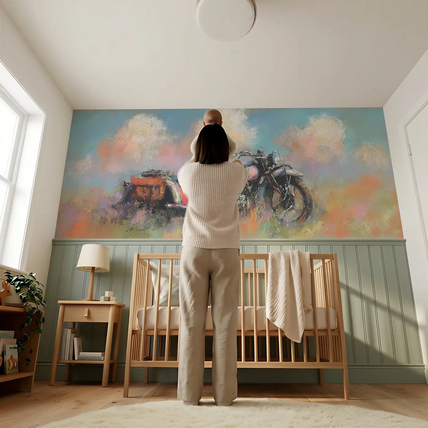 Child reading near Chalk Vintage Motorcycle Gentle Wainscoting Wallpaper by Whimsy Tots