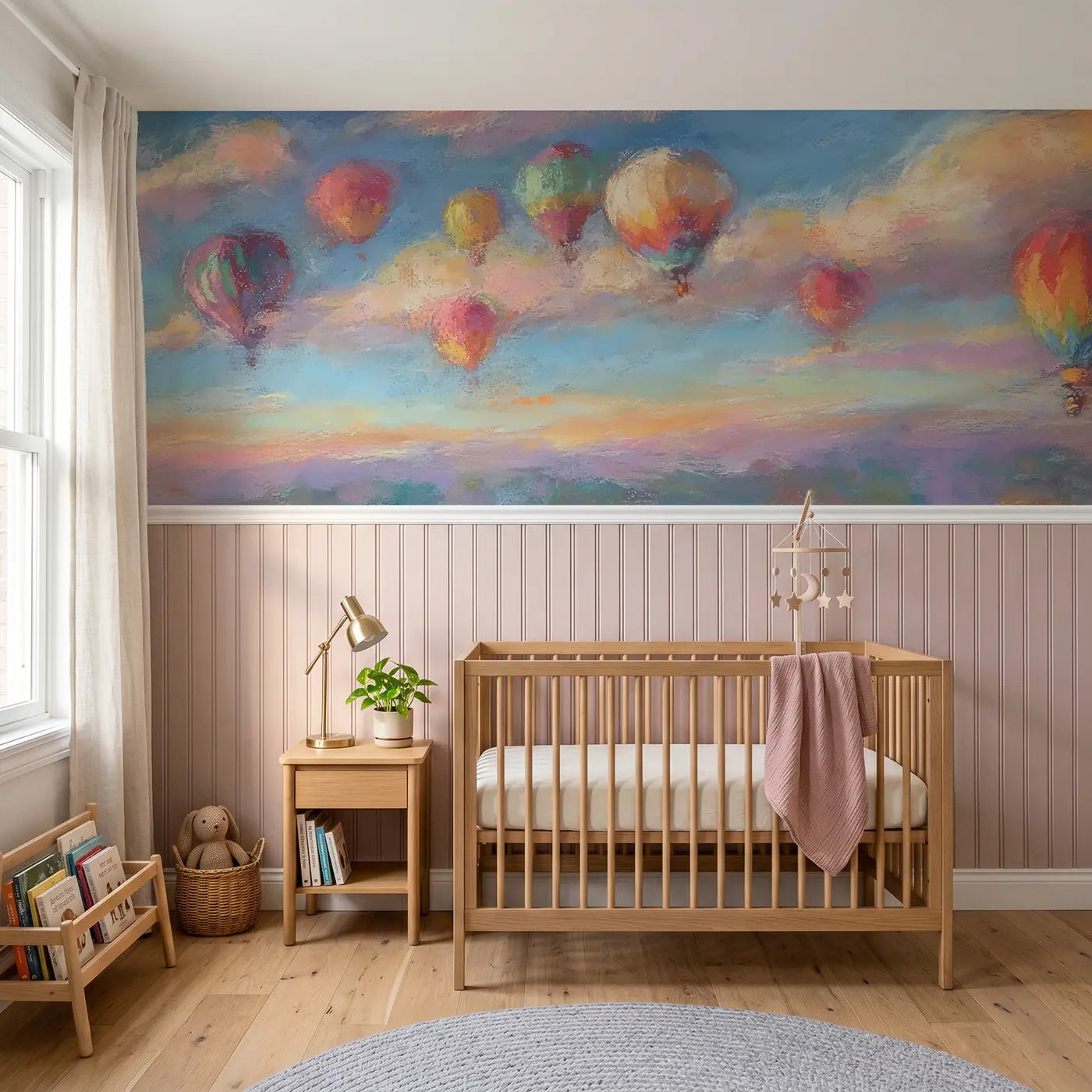 Soft Pastel hot air balloon fleet wainscoting wallpaper for nursery by Whimsy Tots.