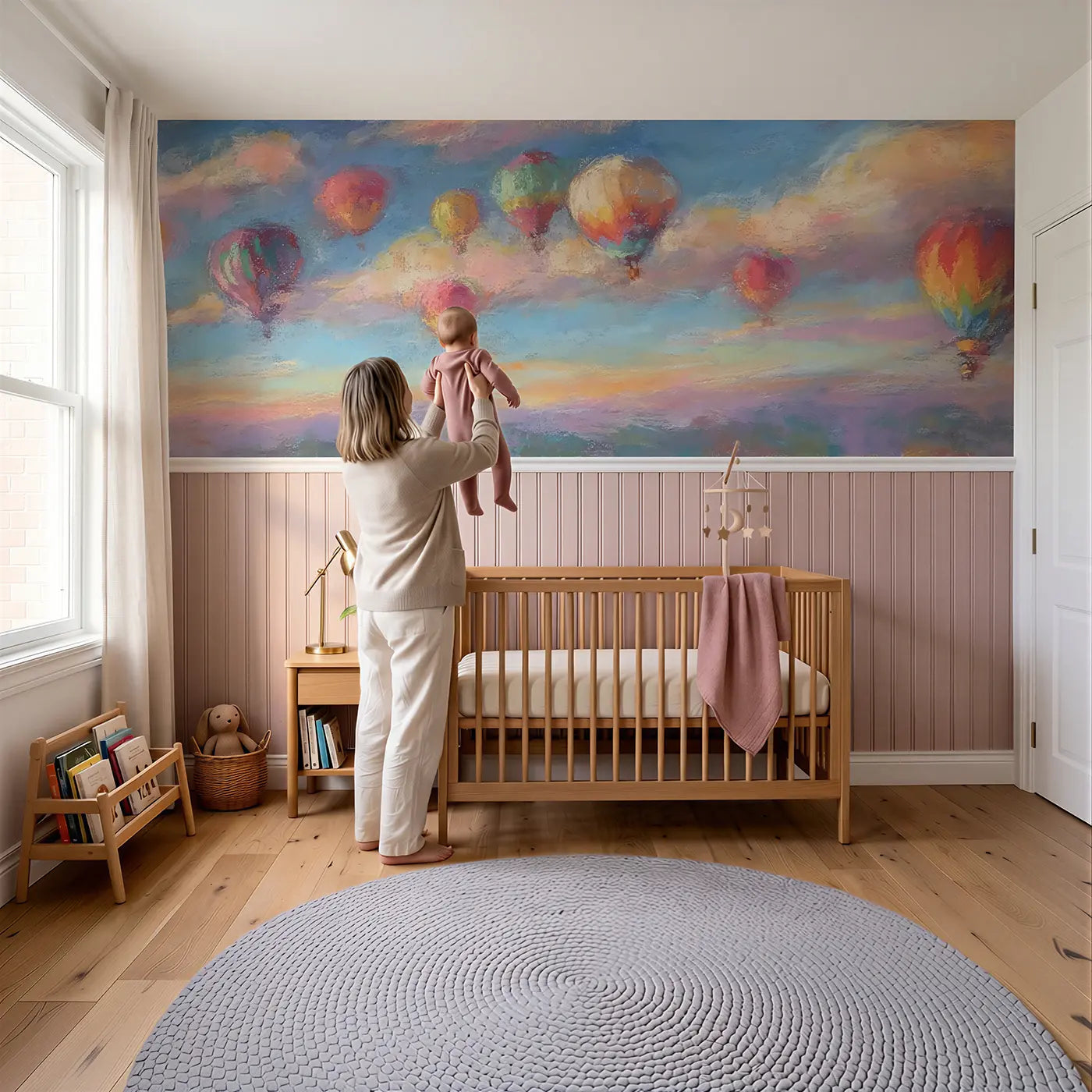 Child reading near Pastel Hot Air Balloon Fleet Wainscoting Wallpaper by Whimsy Tots
