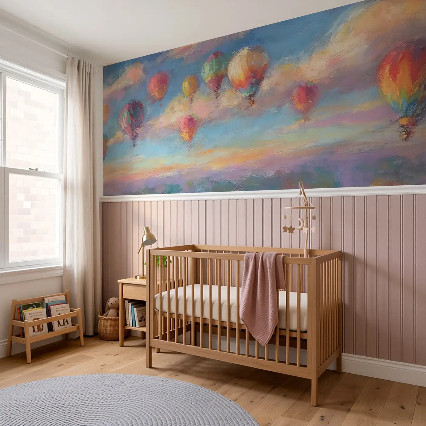 Pastel Hot Air Balloon Fleet Wainscoting Wallpaper styled in a kids bedroom by Whimsy Tots