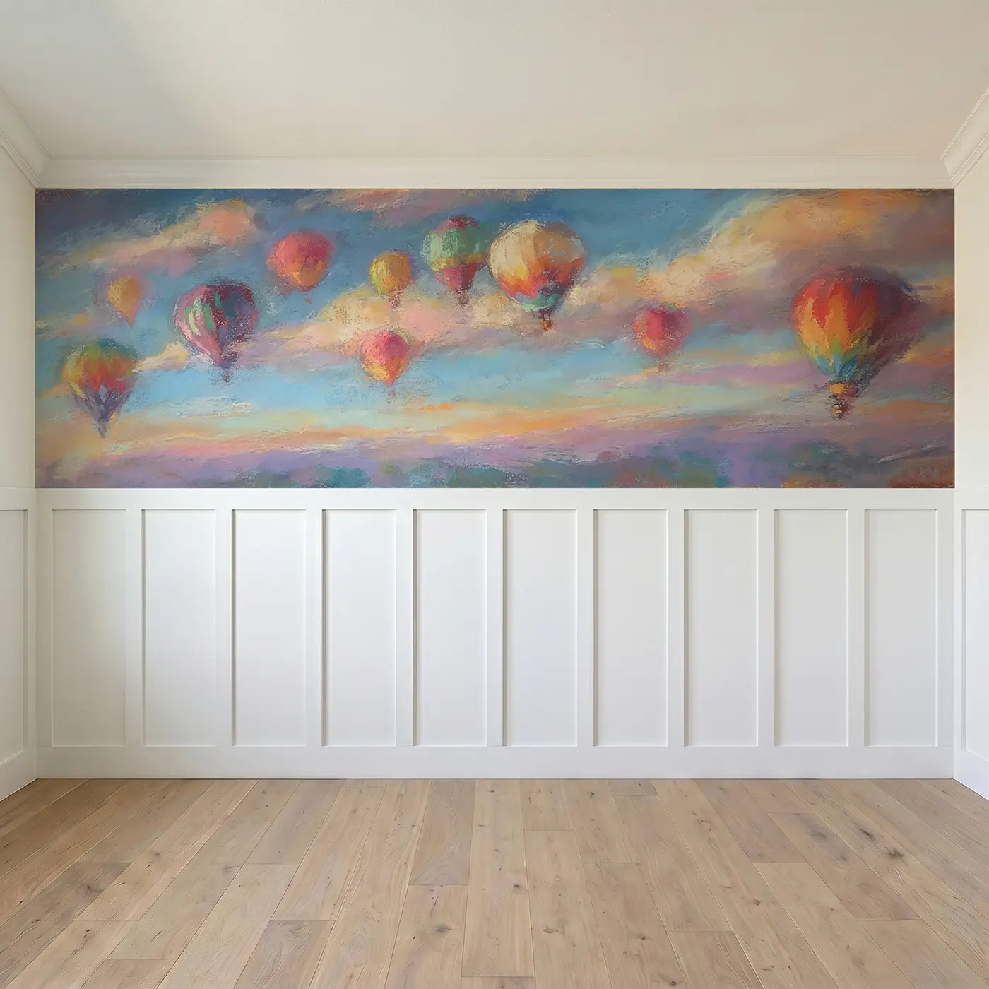 Full panel view of Pastel Hot Air Balloon Fleet Wainscoting Wallpaper by Whimsy Tots