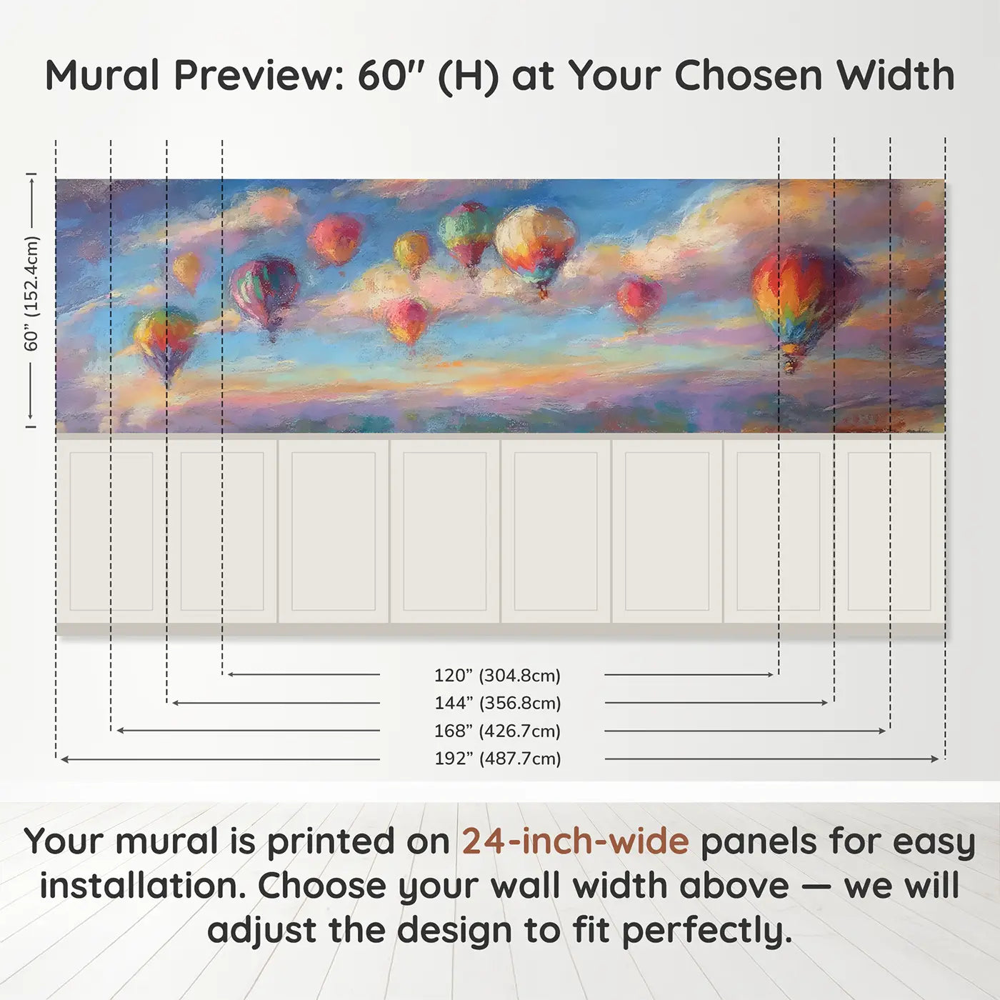 Panel dimensions for Pastel Hot Air Balloon Fleet Wainscoting Wallpaper by Whimsy Tots