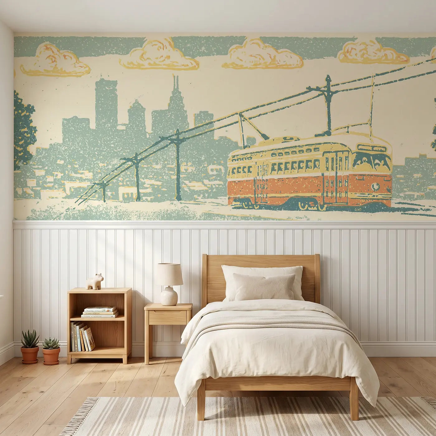Block Print trolley downtown band wainscoting wallpaper for bedroom by Whimsy Tots.