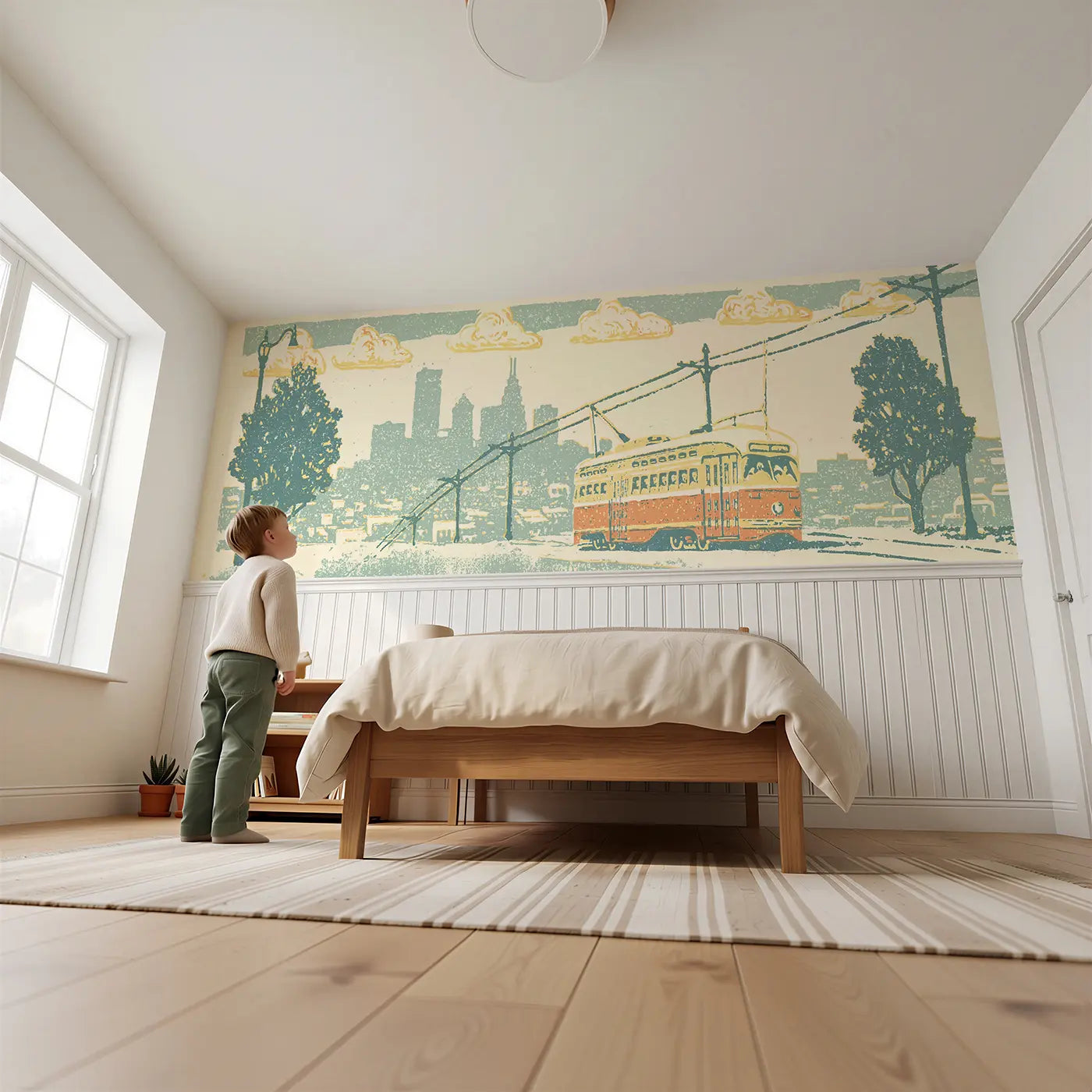 Child reading near Carved Trolley Downtown Band Wainscoting Wallpaper by Whimsy Tots