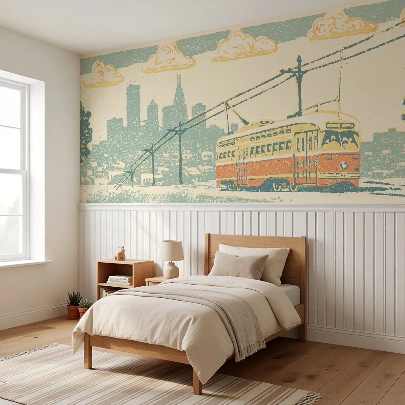 Carved Trolley Downtown Band Wainscoting Wallpaper styled in a kids bedroom by Whimsy Tots