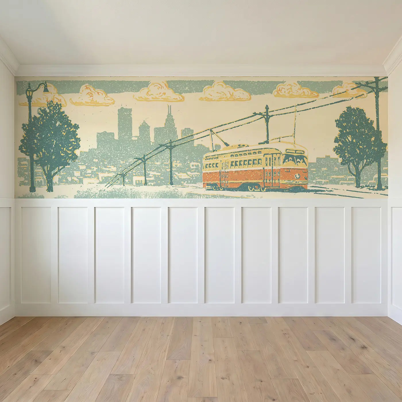 Full panel view of Carved Trolley Downtown Band Wainscoting Wallpaper by Whimsy Tots