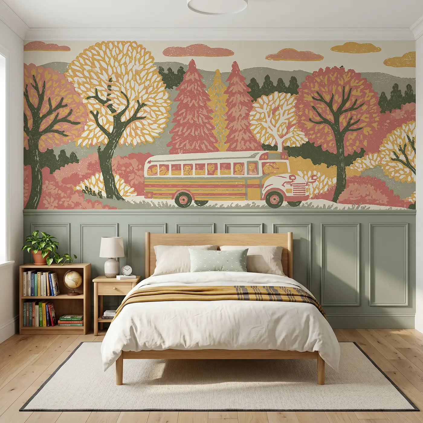 Block Print school bus country wainscoting wallpaper for bedroom by Whimsy Tots.