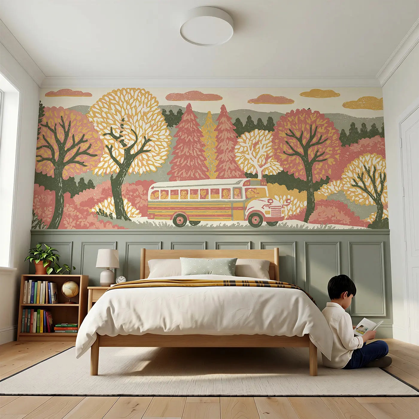 Child reading near Block Print School Bus Country Wainscoting Wallpaper by Whimsy Tots