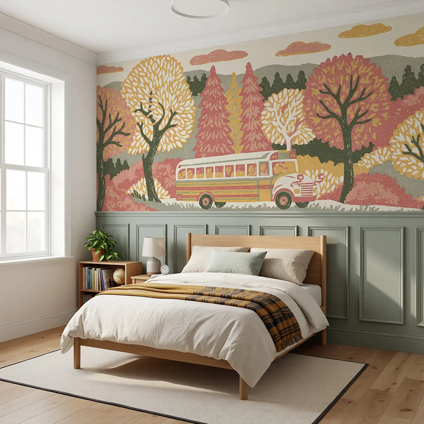 Block Print School Bus Country Wainscoting Wallpaper styled in a kids bedroom by Whimsy Tots