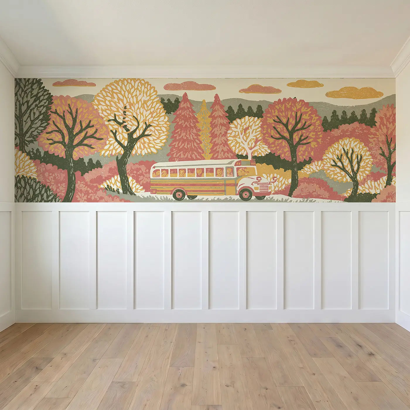 Full panel view of Block Print School Bus Country Wainscoting Wallpaper by Whimsy Tots