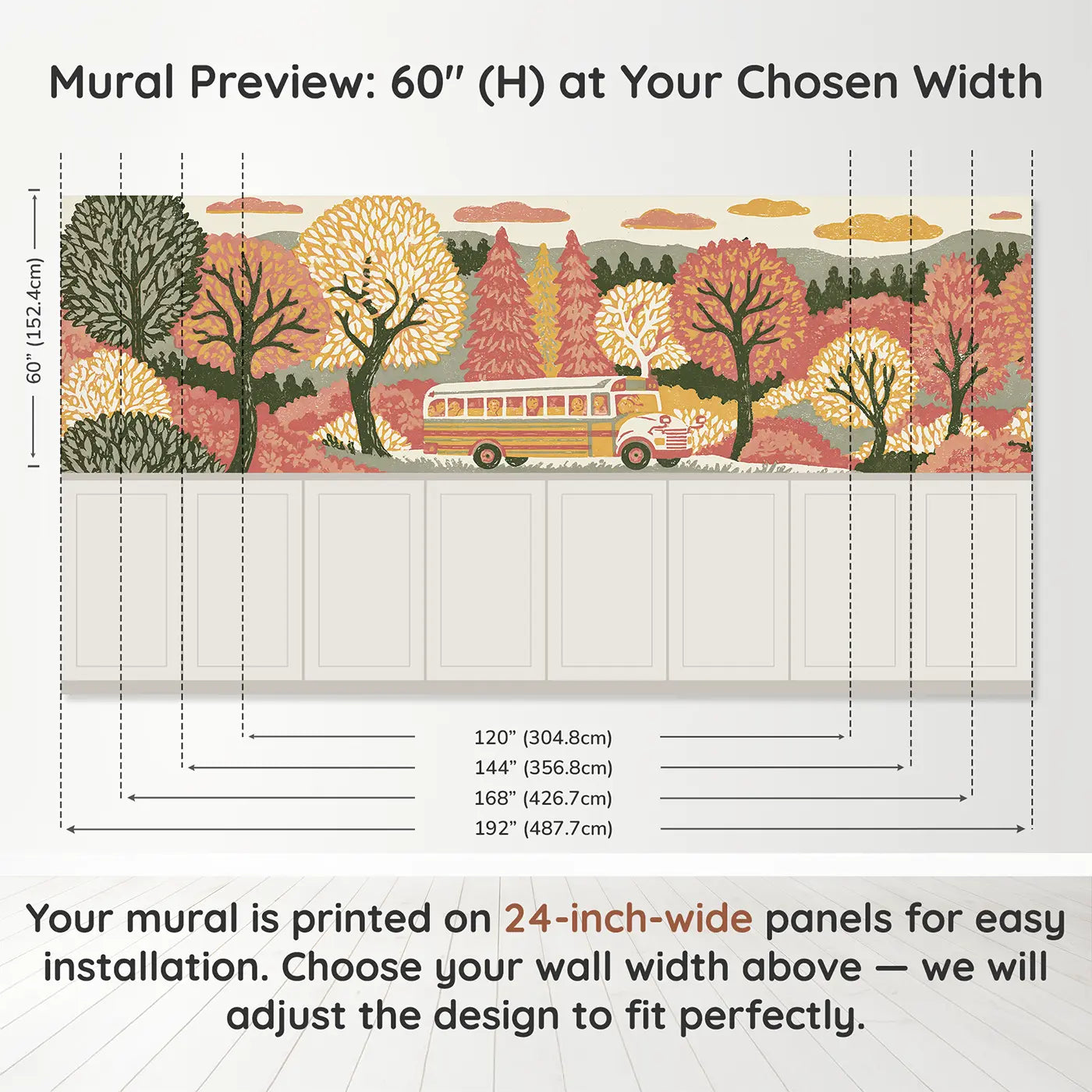 Panel dimensions for Block Print School Bus Country Wainscoting Wallpaper by Whimsy Tots