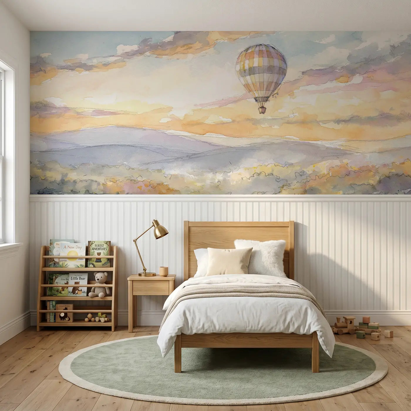 Watercolor balloon valley drift morning wainscoting wallpaper for bedroom by Whimsy Tots.