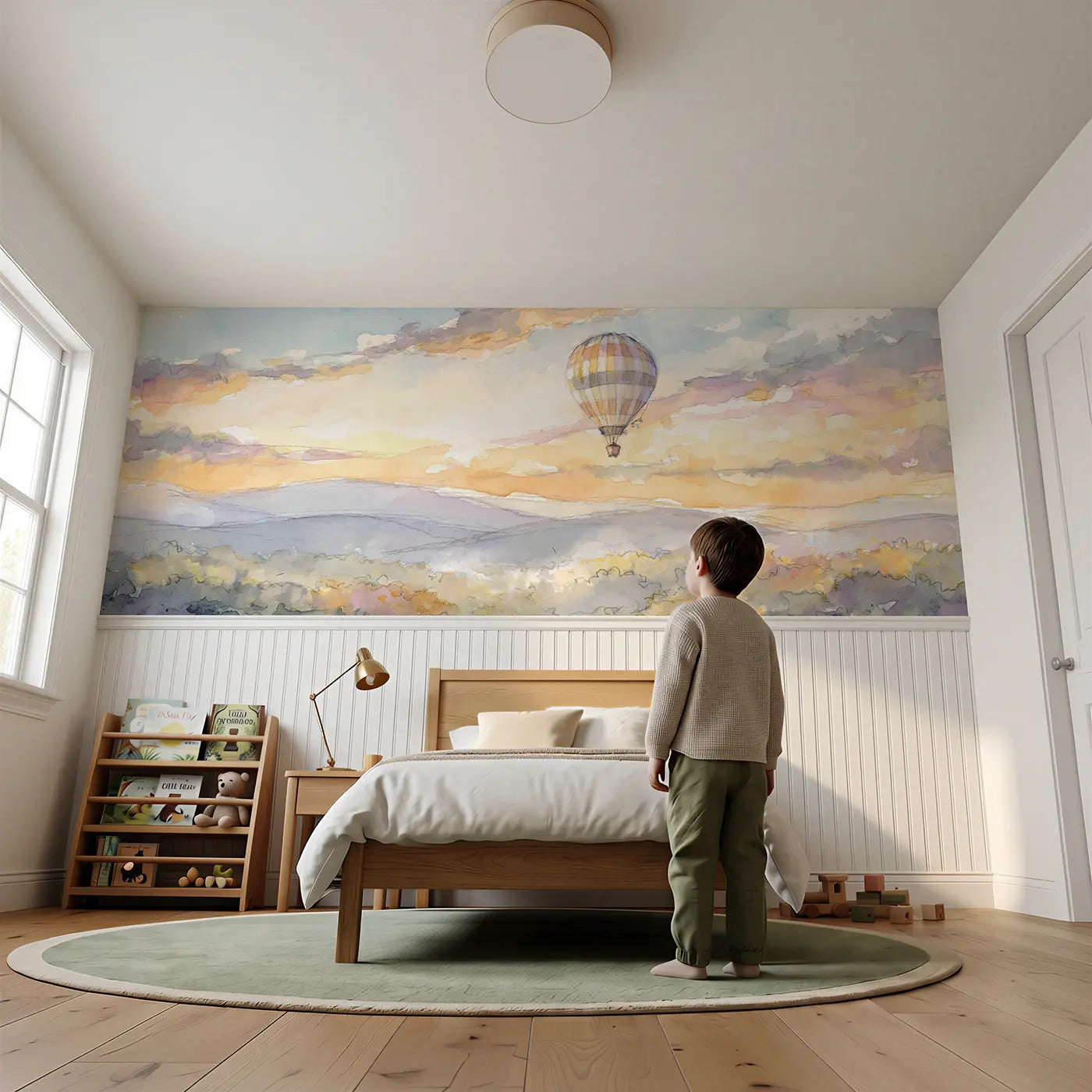 Child reading near Balloon Valley Drift Morning Wainscoting Wallpaper by Whimsy Tots
