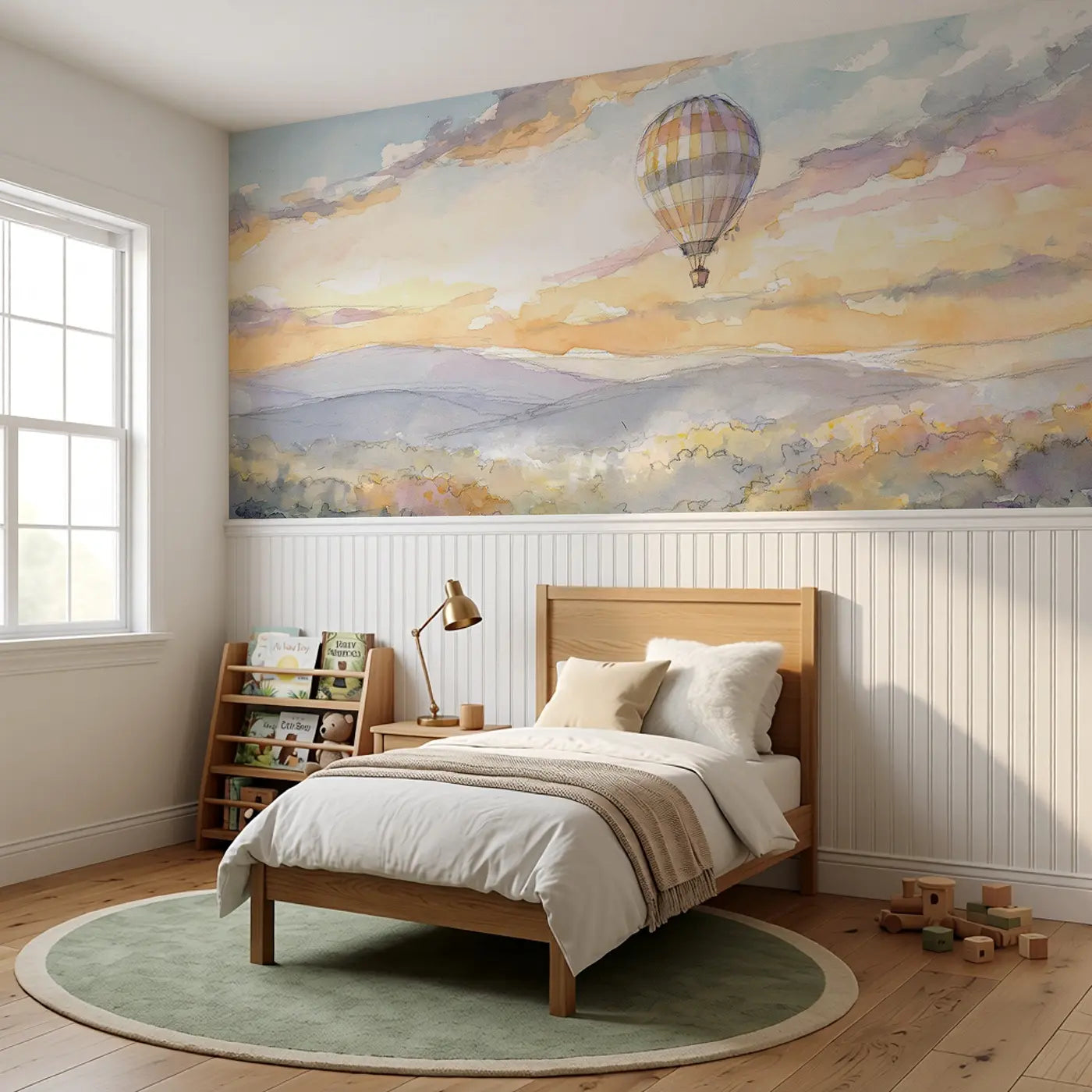 Balloon Valley Drift Morning Wainscoting Wallpaper styled in a kids bedroom by Whimsy Tots