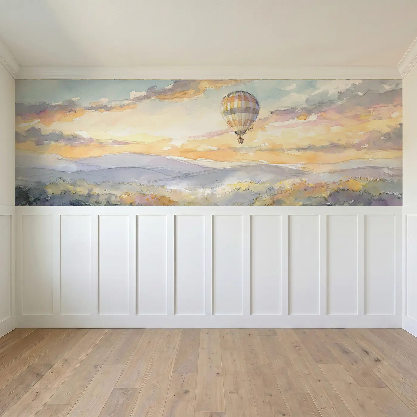 Full panel view of Balloon Valley Drift Morning Wainscoting Wallpaper by Whimsy Tots