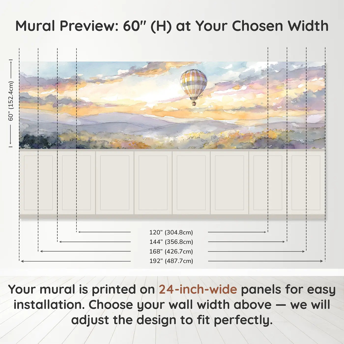 Panel dimensions for Balloon Valley Drift Morning Wainscoting Wallpaper by Whimsy Tots