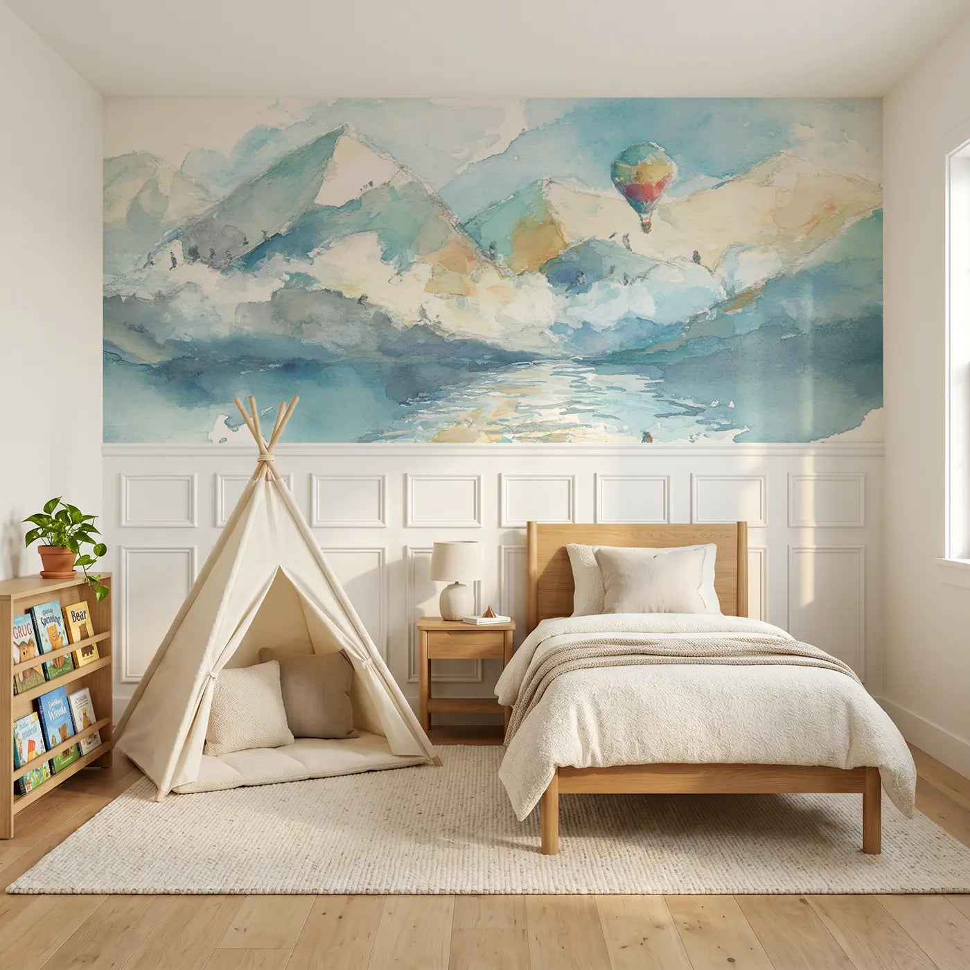 Watercolor balloon mountain lake reflect wainscoting wallpaper for bedroom by Whimsy Tots.