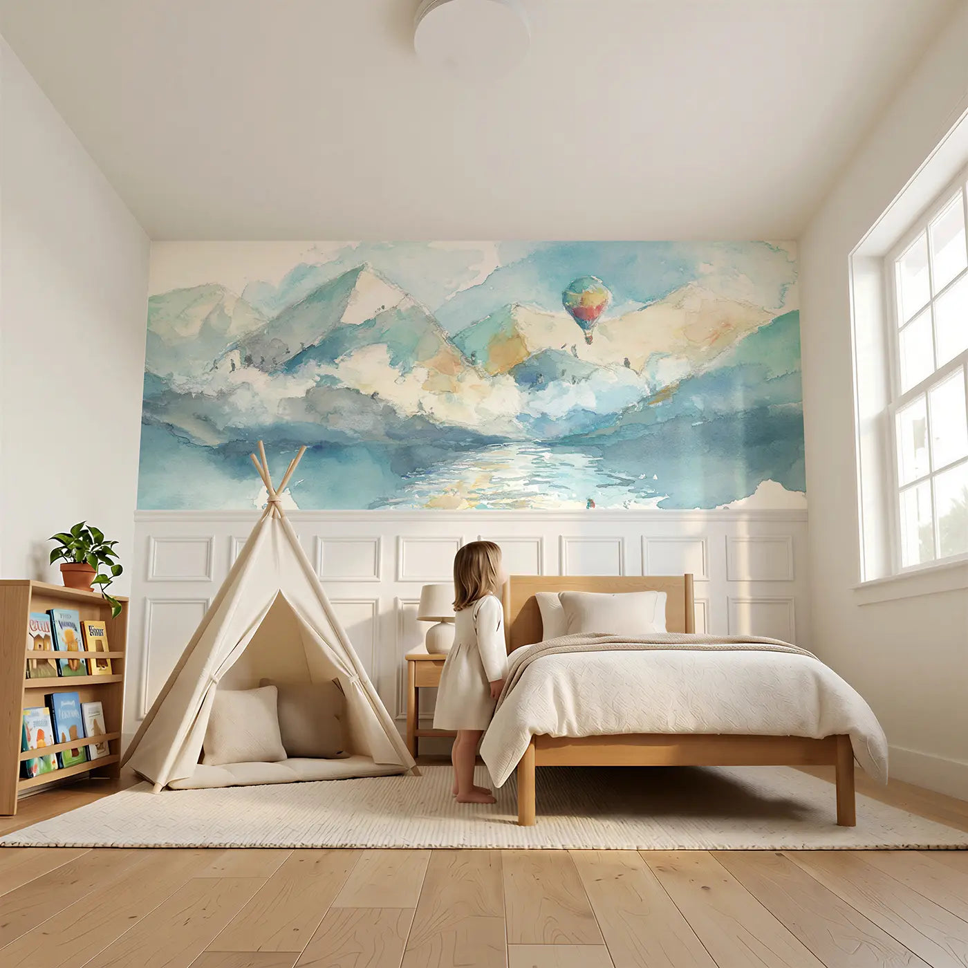 Child reading near Balloon Mountain Lake Reflect Wainscoting Wallpaper by Whimsy Tots