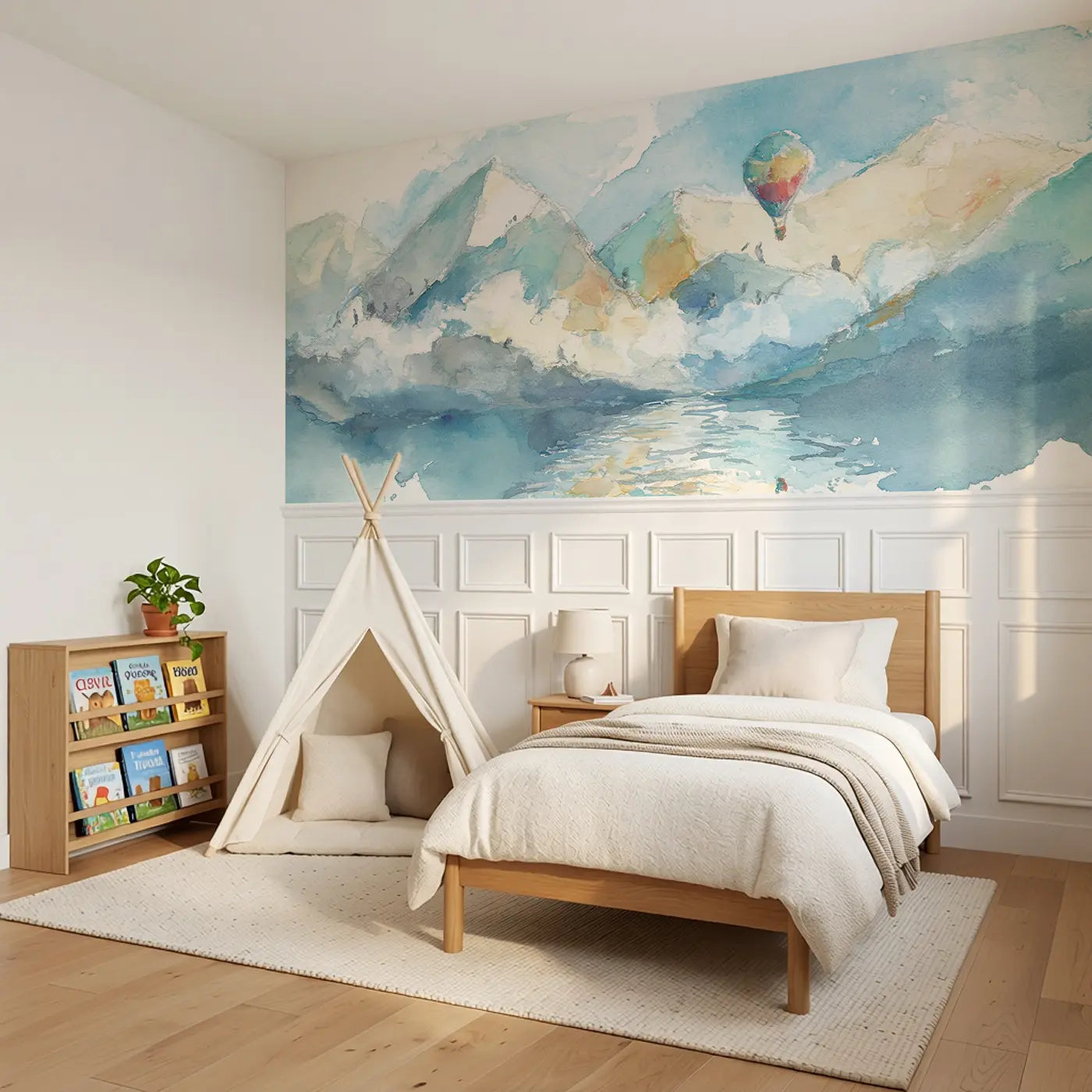 Balloon Mountain Lake Reflect Wainscoting Wallpaper styled in a kids bedroom by Whimsy Tots