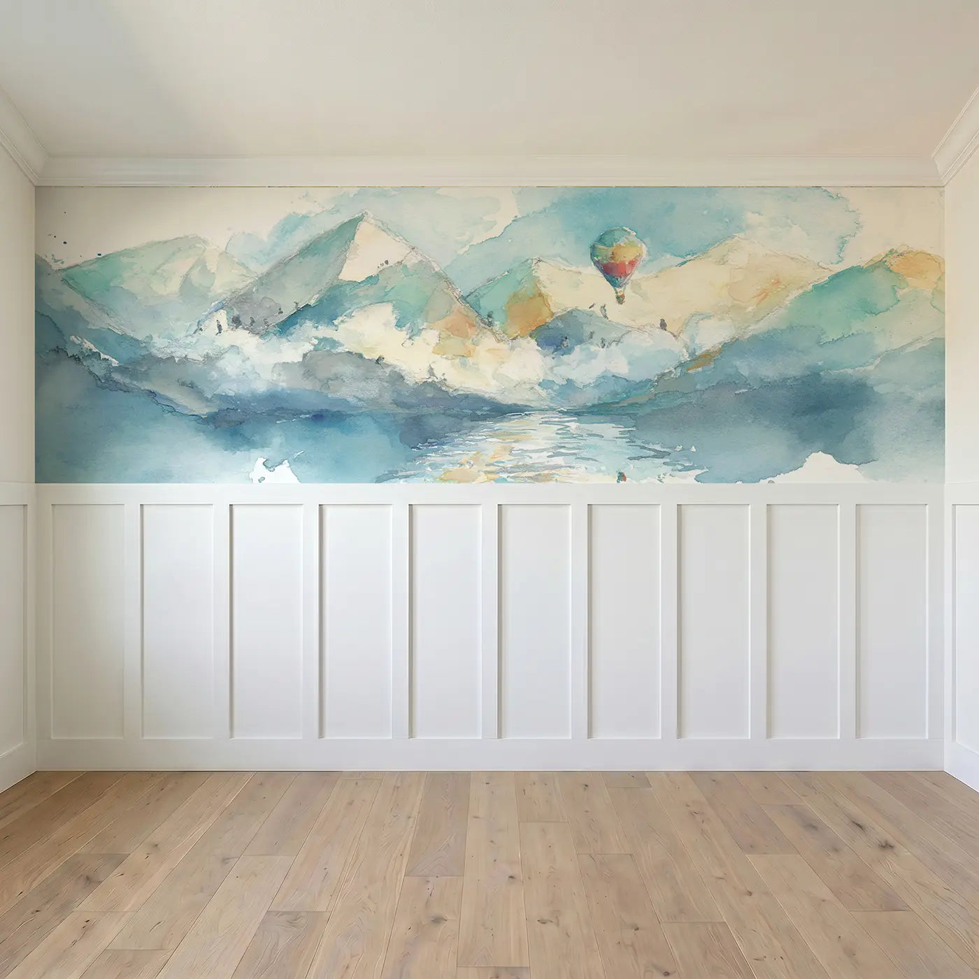 Full panel view of Balloon Mountain Lake Reflect Wainscoting Wallpaper by Whimsy Tots