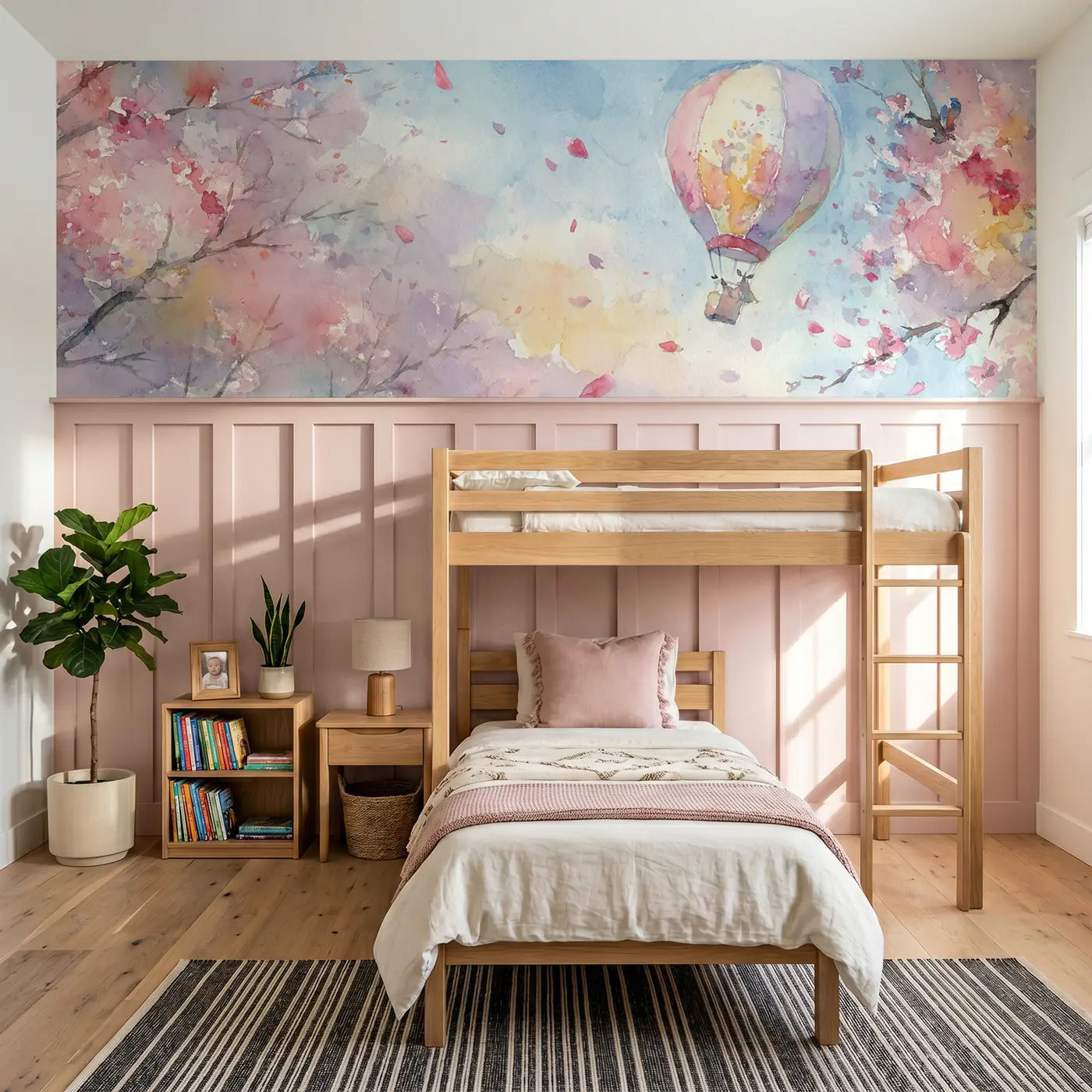 Watercolor balloon cherry blossom sky wainscoting wallpaper for bedroom by Whimsy Tots.
