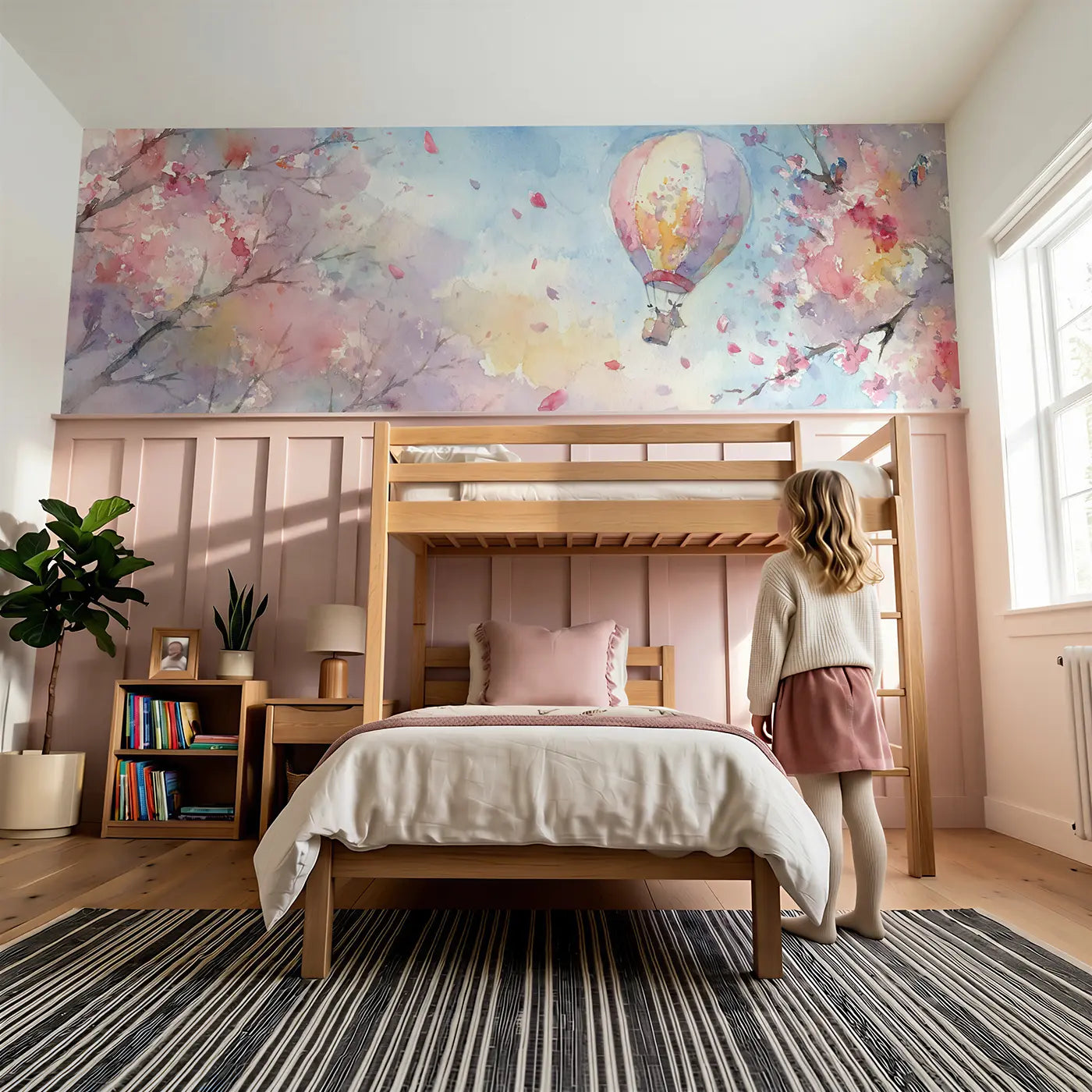 Child reading near Balloon Cherry Blossom Sky Wainscoting Wallpaper by Whimsy Tots