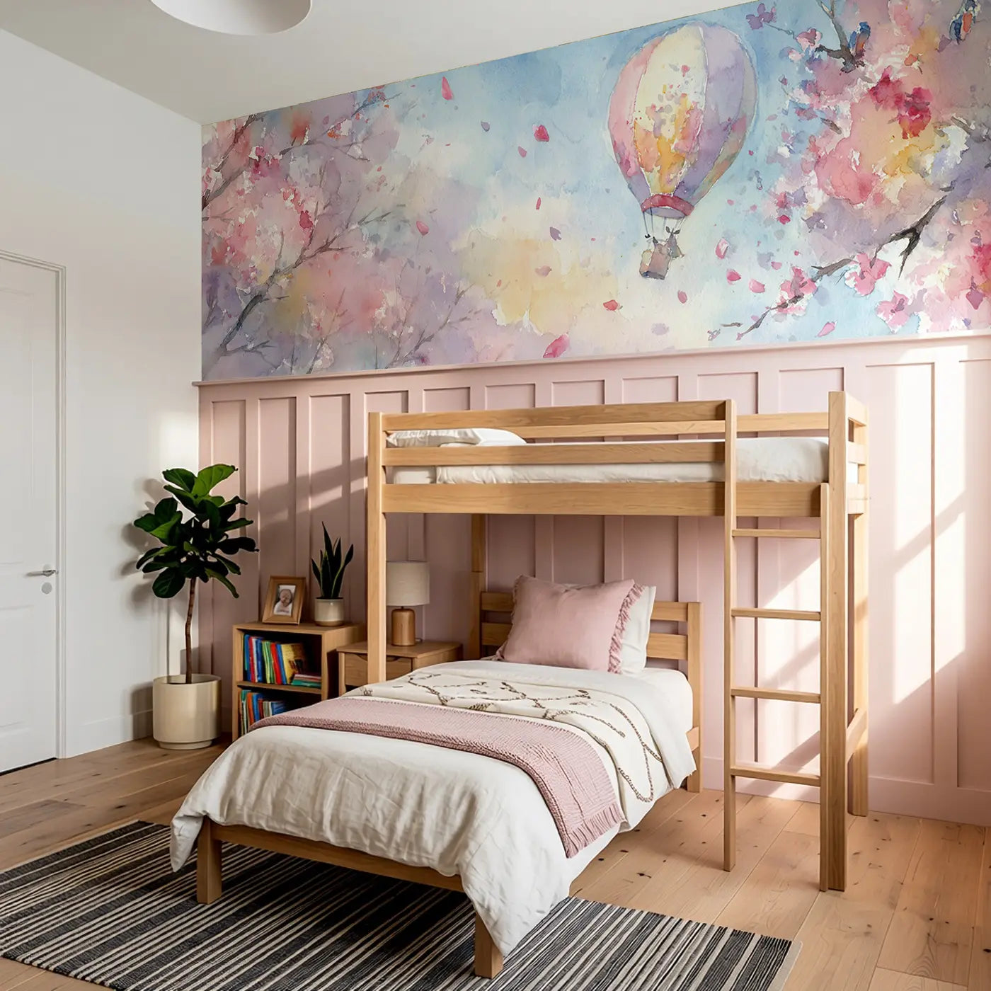 Balloon Cherry Blossom Sky Wainscoting Wallpaper styled in a kids bedroom by Whimsy Tots